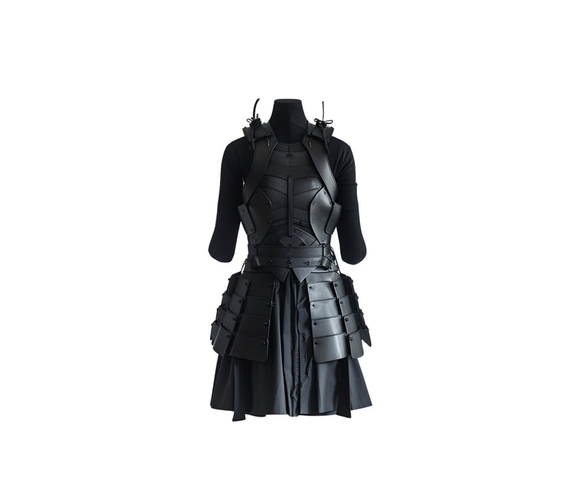 Shadow Ronin Samurai Armor Costume made from handmade black leather, featuring detailed plating and a metal sword prop. Ideal for cosplay, medieval reenactments, and samurai-themed events. - Creed Leather