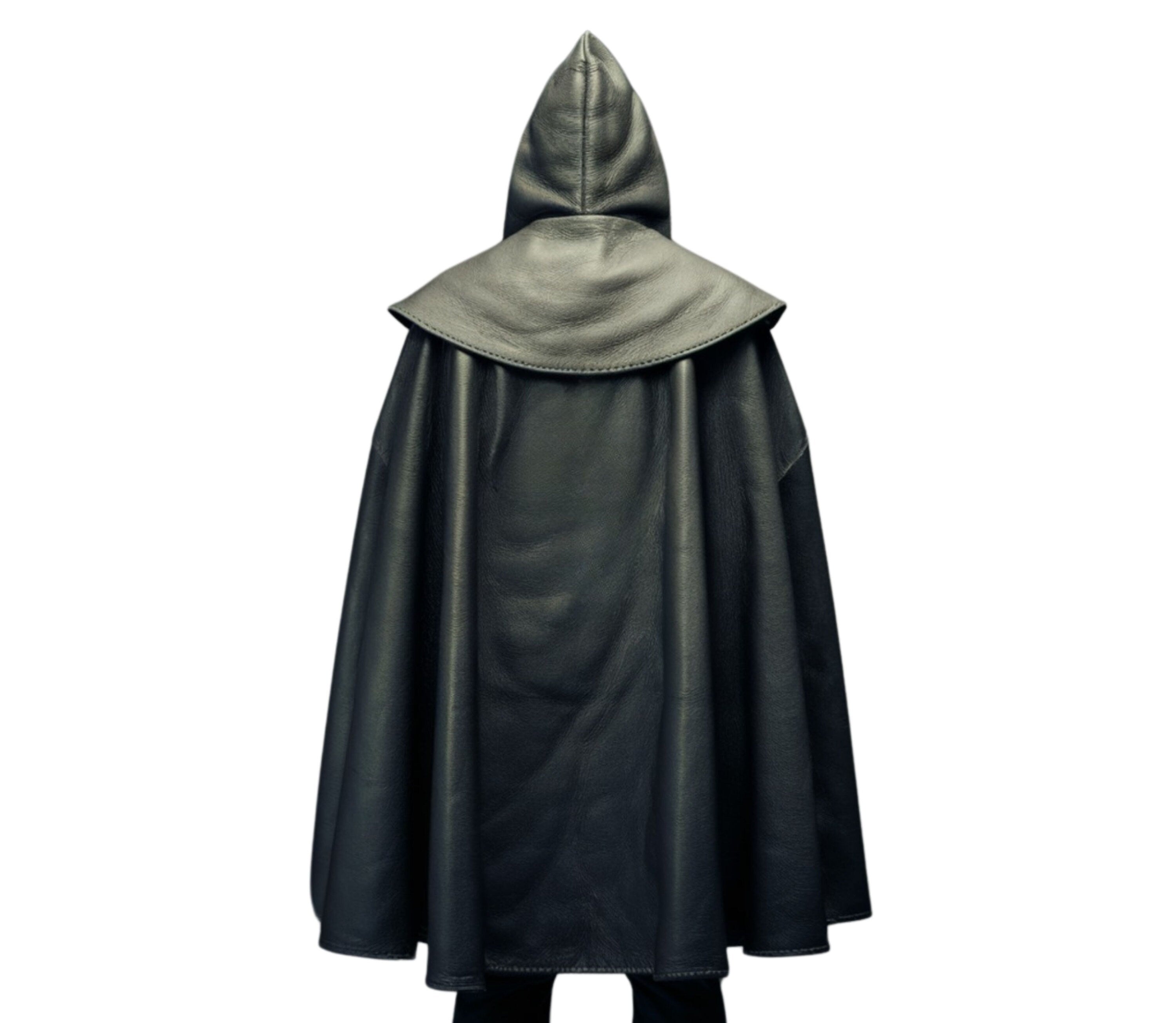 back view of black leather winter cloak with hood - winter leather clothing outfit - cosplay costume