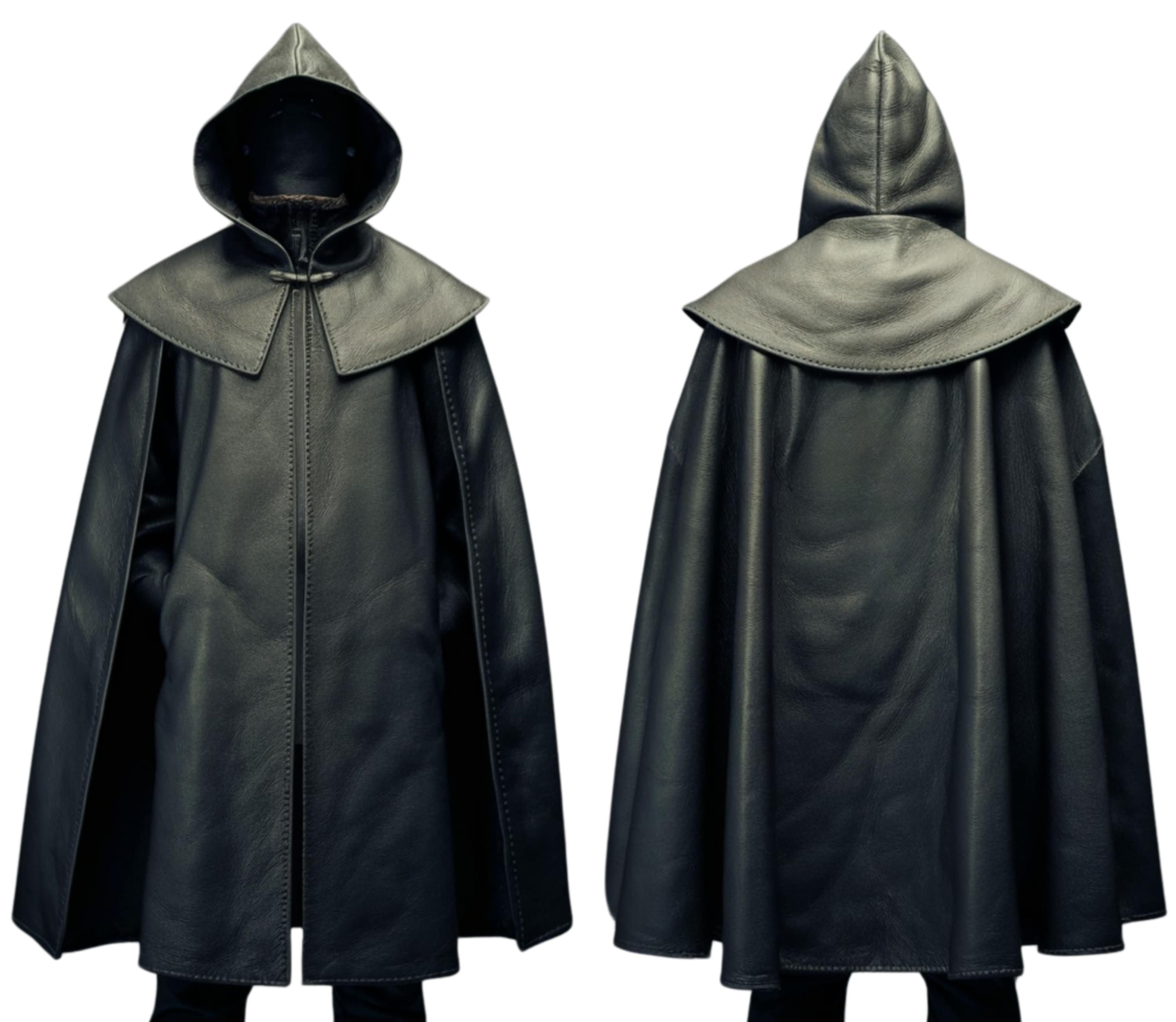 front and back view of black leather medieval cloak with hood - druid cosplay costume - sorcerer cosplay costume - mage cosplay costume - dark priest cosplay costume - acolyte cosplay costume - ritual cosplay costume - winter leather clothing outfit