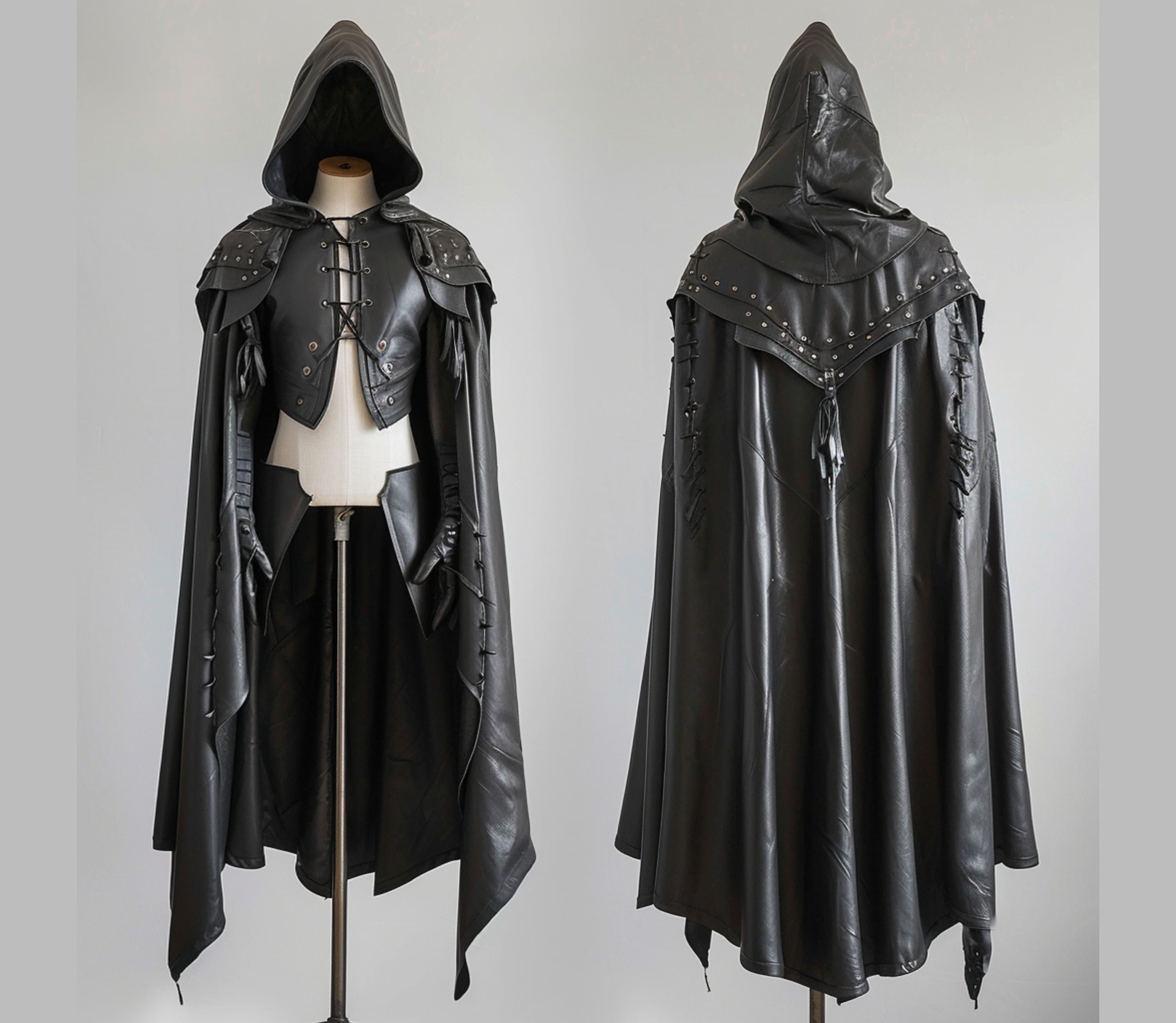 gothic steampunk black leather fantasy cloak with hood for assassin or rogue cosplay costume or larp clothing - creed leather