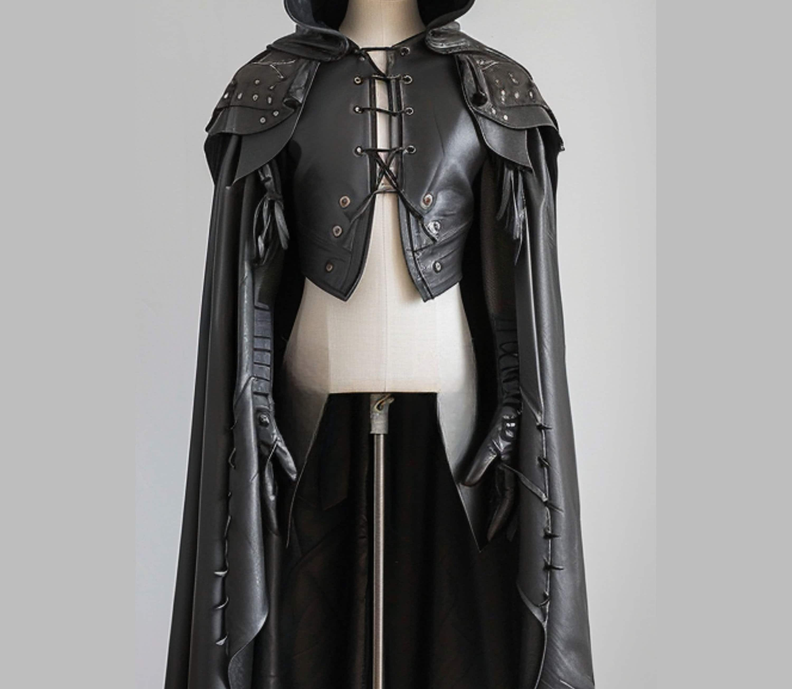 The Dark Warden - Pure Black Leather Medieval Hooded Cloak - Leather Cloak With Vest For Cosplay - Hooded Cloak Leather Gift For Men