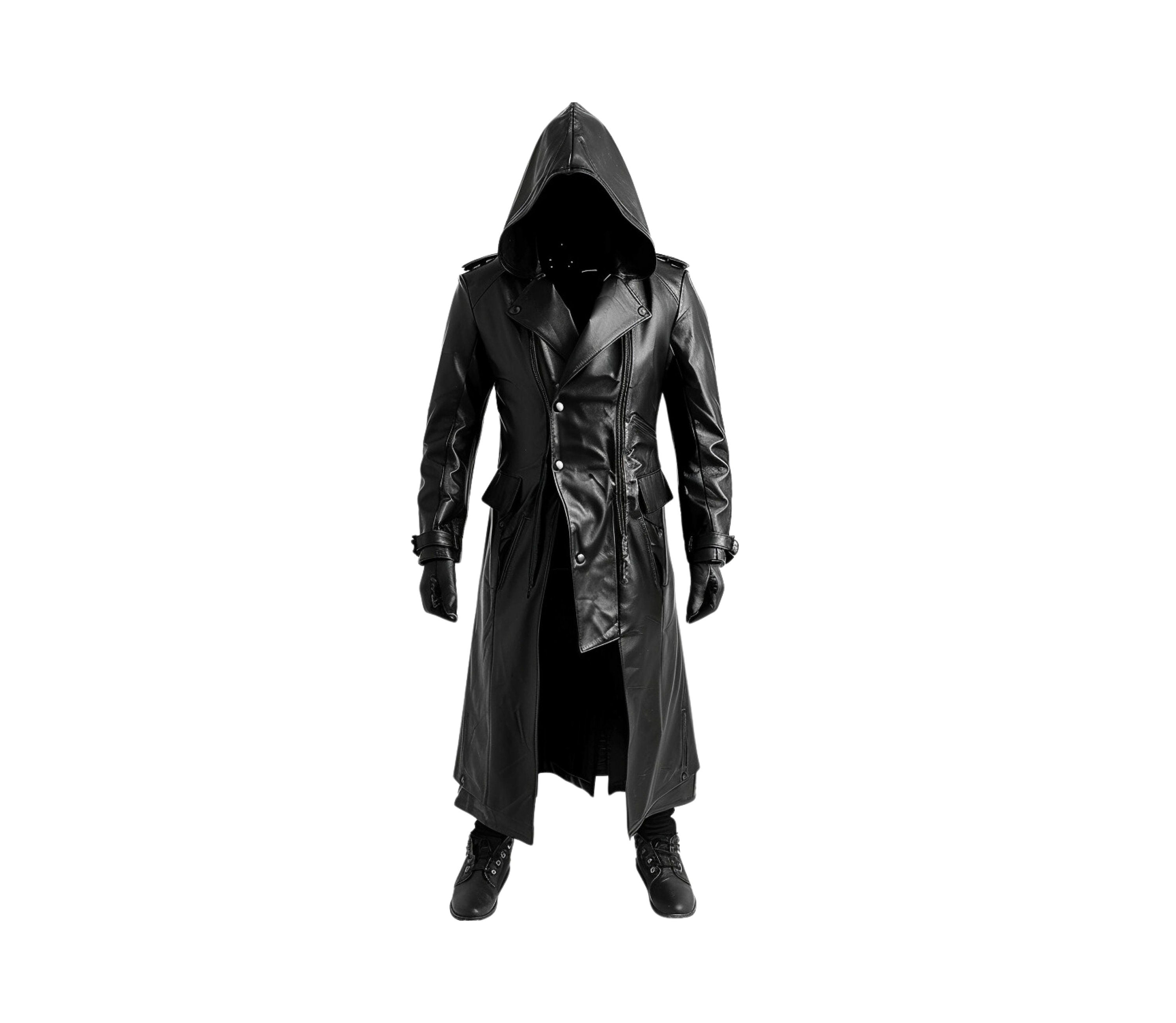 front view of long black lather gothic trench coat with hood for cosplay costume - assassin coat - Creed Leather