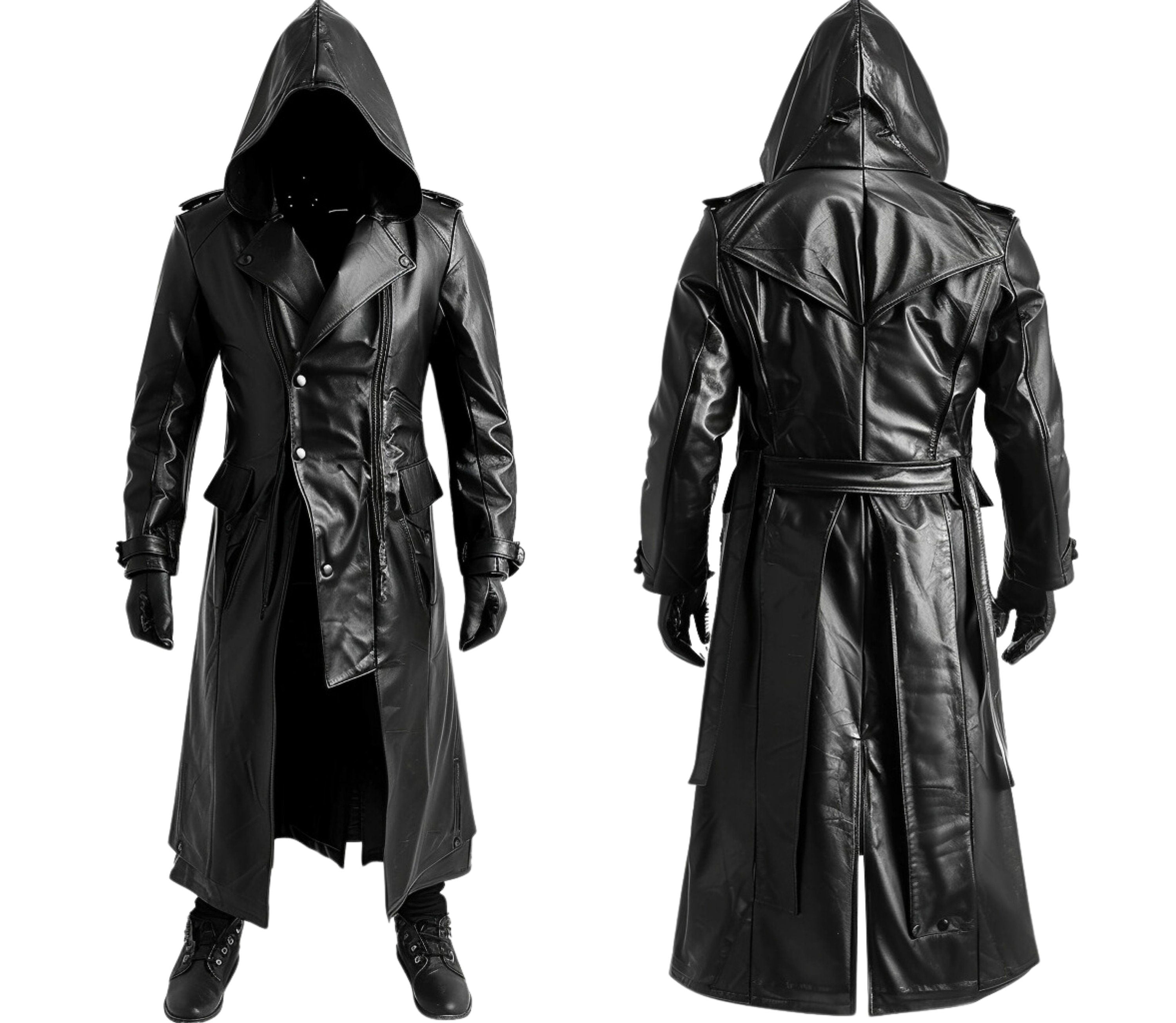 front & back view of long black lather hooded trench coat for cosplay costume - assassin coat - gothic coat - Creed Leather