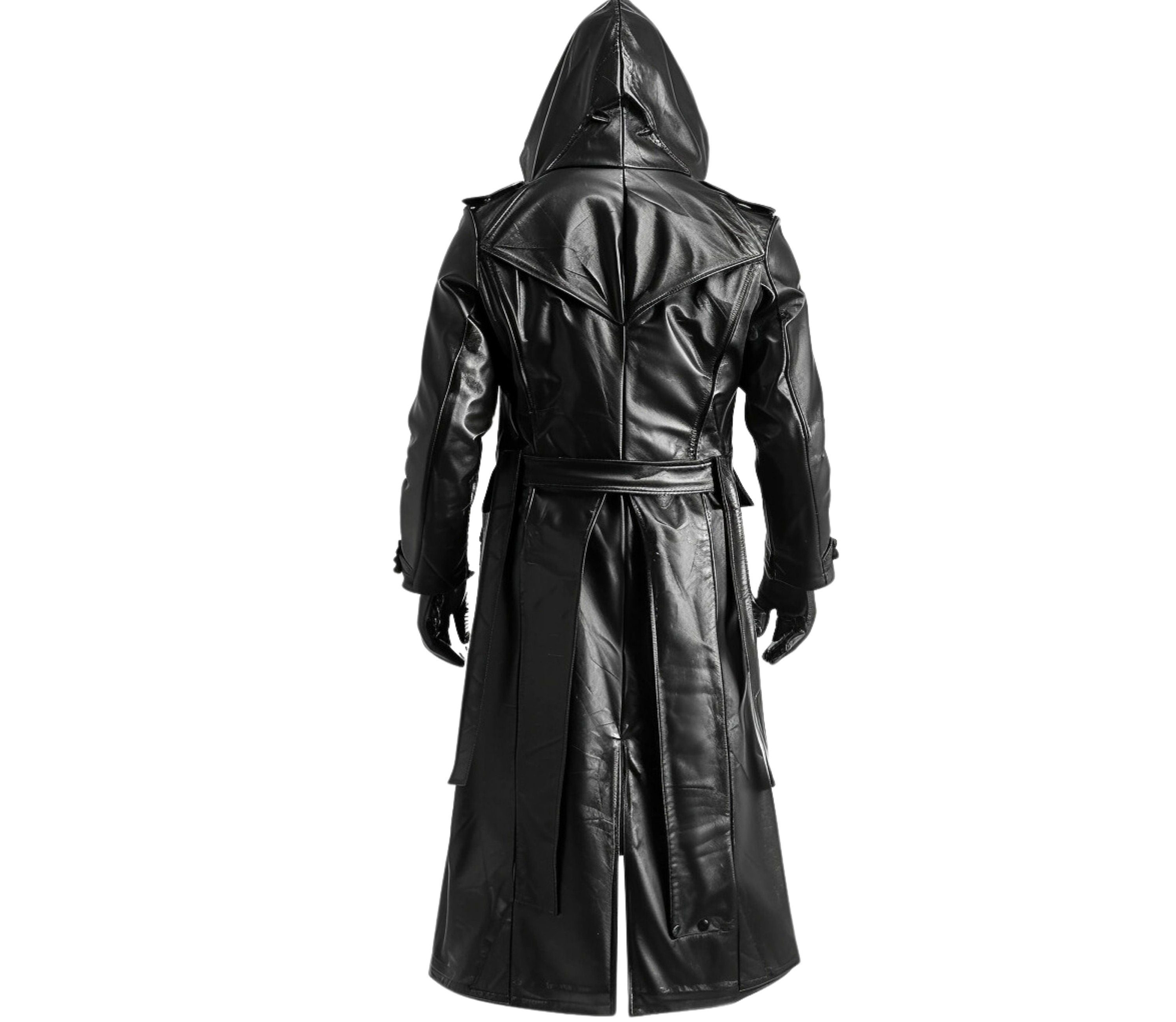 back view of gothic trench coat in black leather with hood - Creed Leather