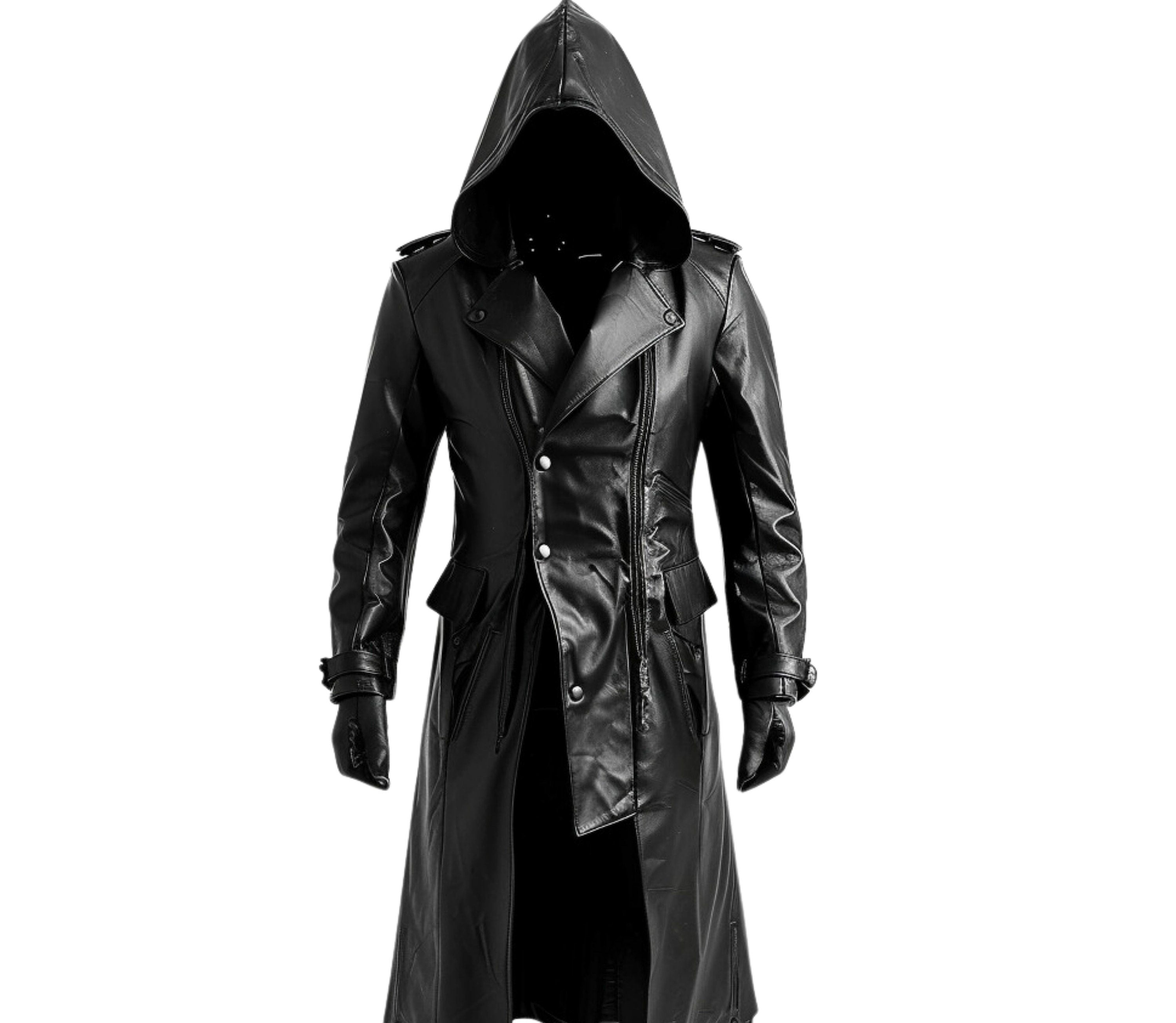 front view of gothic trench coat in black leather with hood - assassin coat - Creed Leather