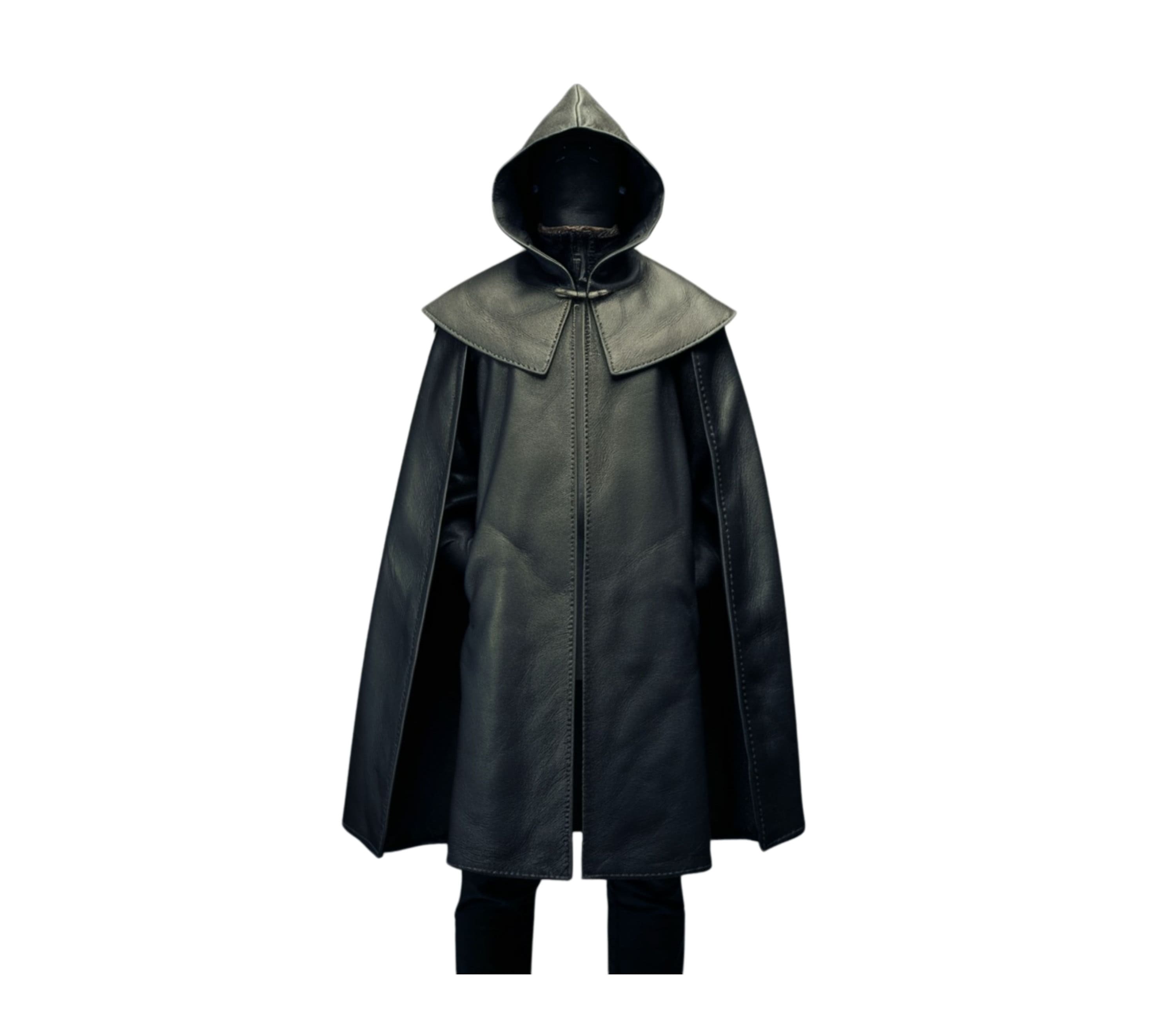 front view of black leather medieval hooded cloak for cosplay cosume as druid - sorcerer - mage - conjurer - ritualist - dark priest - cleric - acolyte - rite performer - winter leather clothing outfit - creed leather