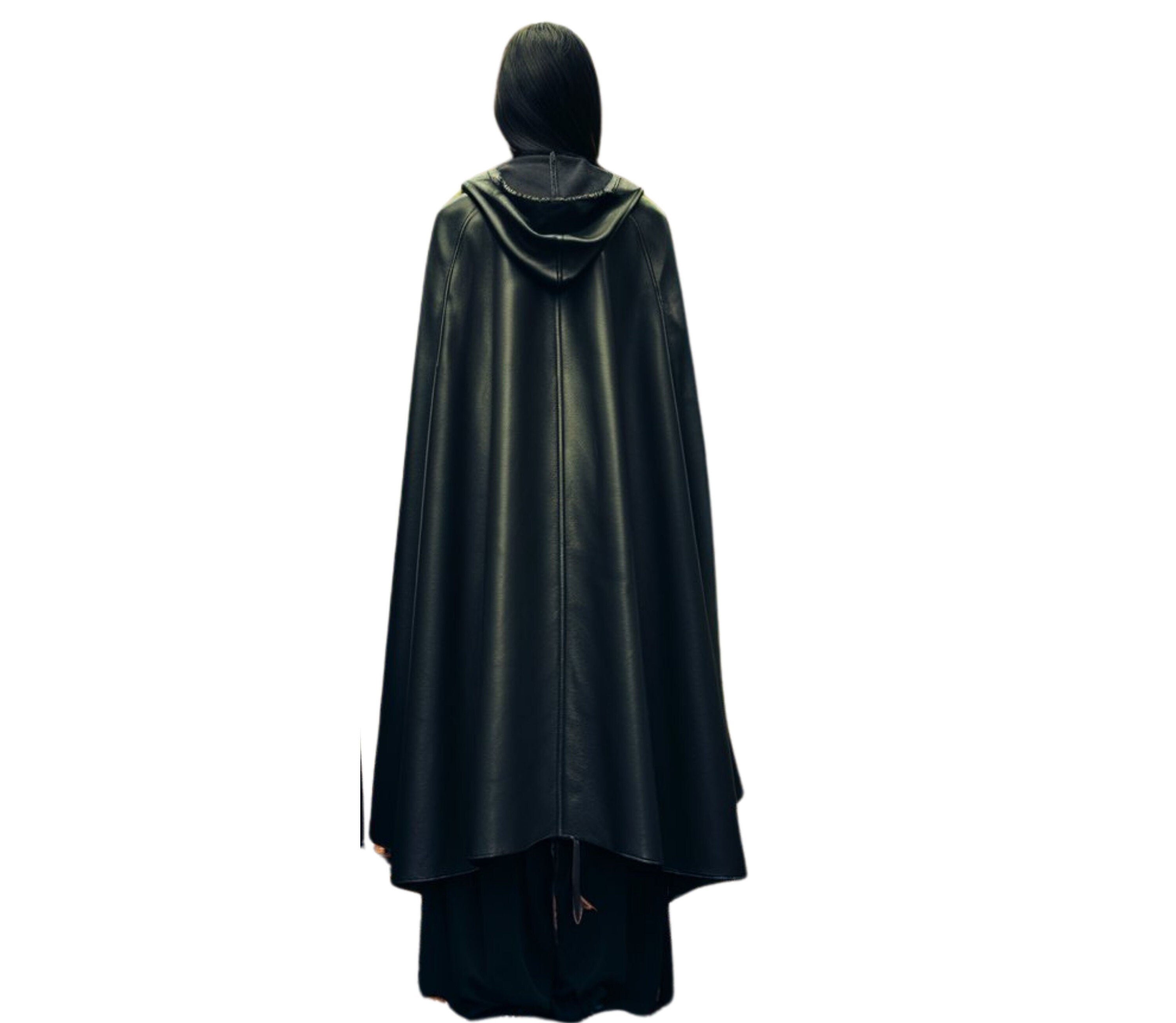 Mystic Ritual Shroud - Handmade Pure Black Leather Gothic Look Cloak - Leather Hooded Medieval Cloak - Black Unisex Cloak With Hood Leather Gift - Festival Outfit