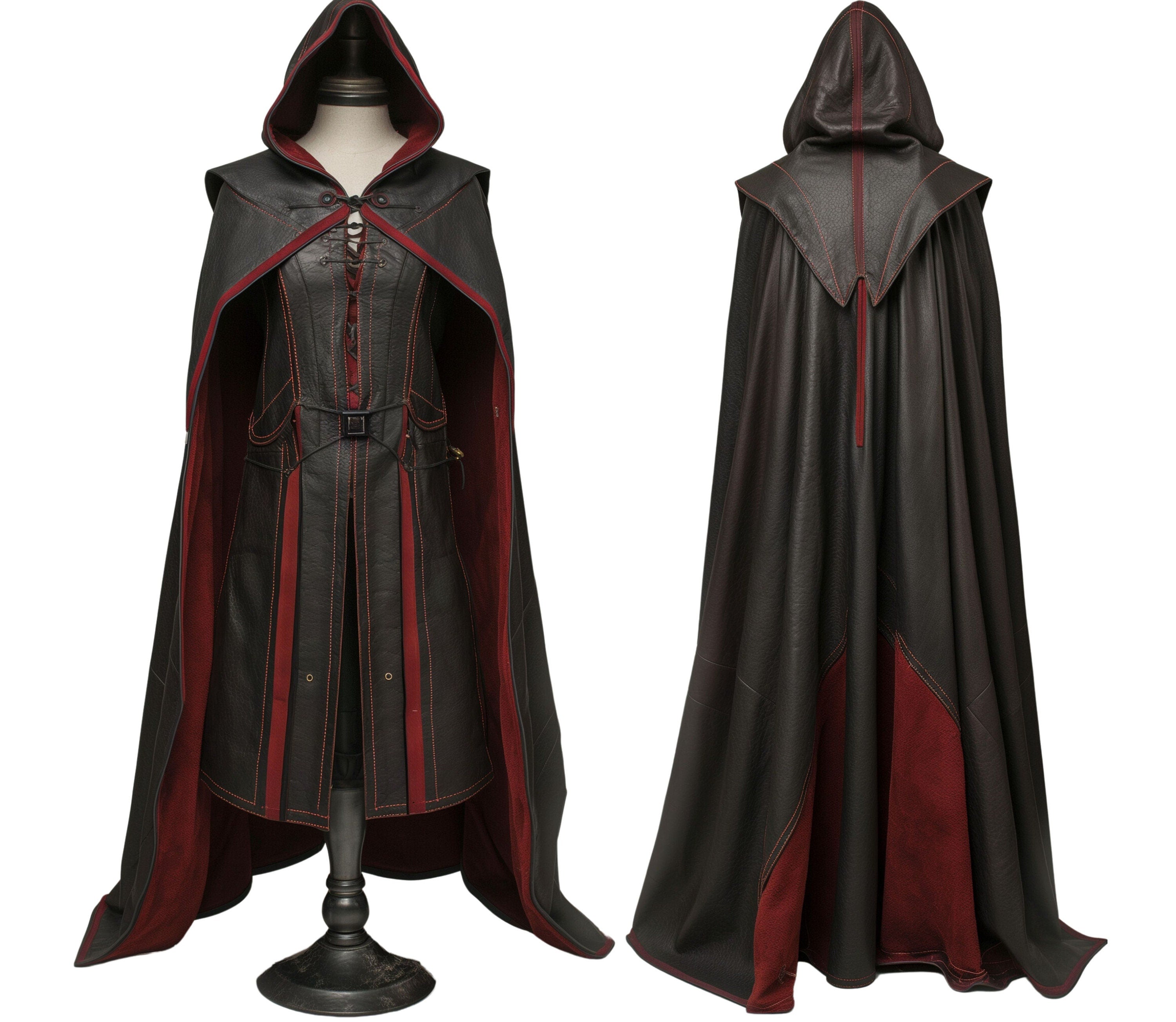 front and back view of a red and black leather cosplay costume cloak with hood for larp and ren faire clothing - creed leather