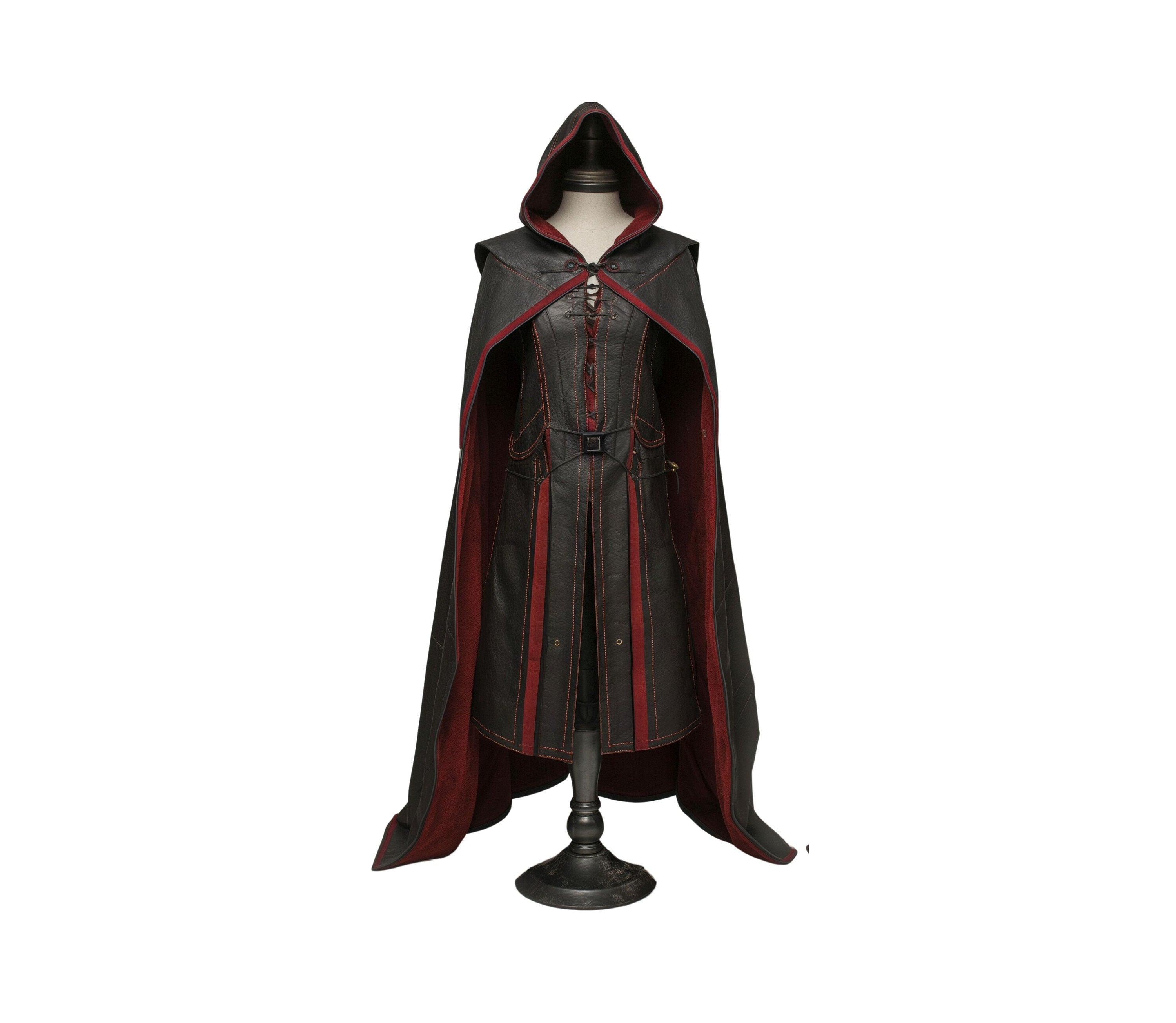 red and black leather medieval hooded cloak for larp and ren faire outfits - creed leather