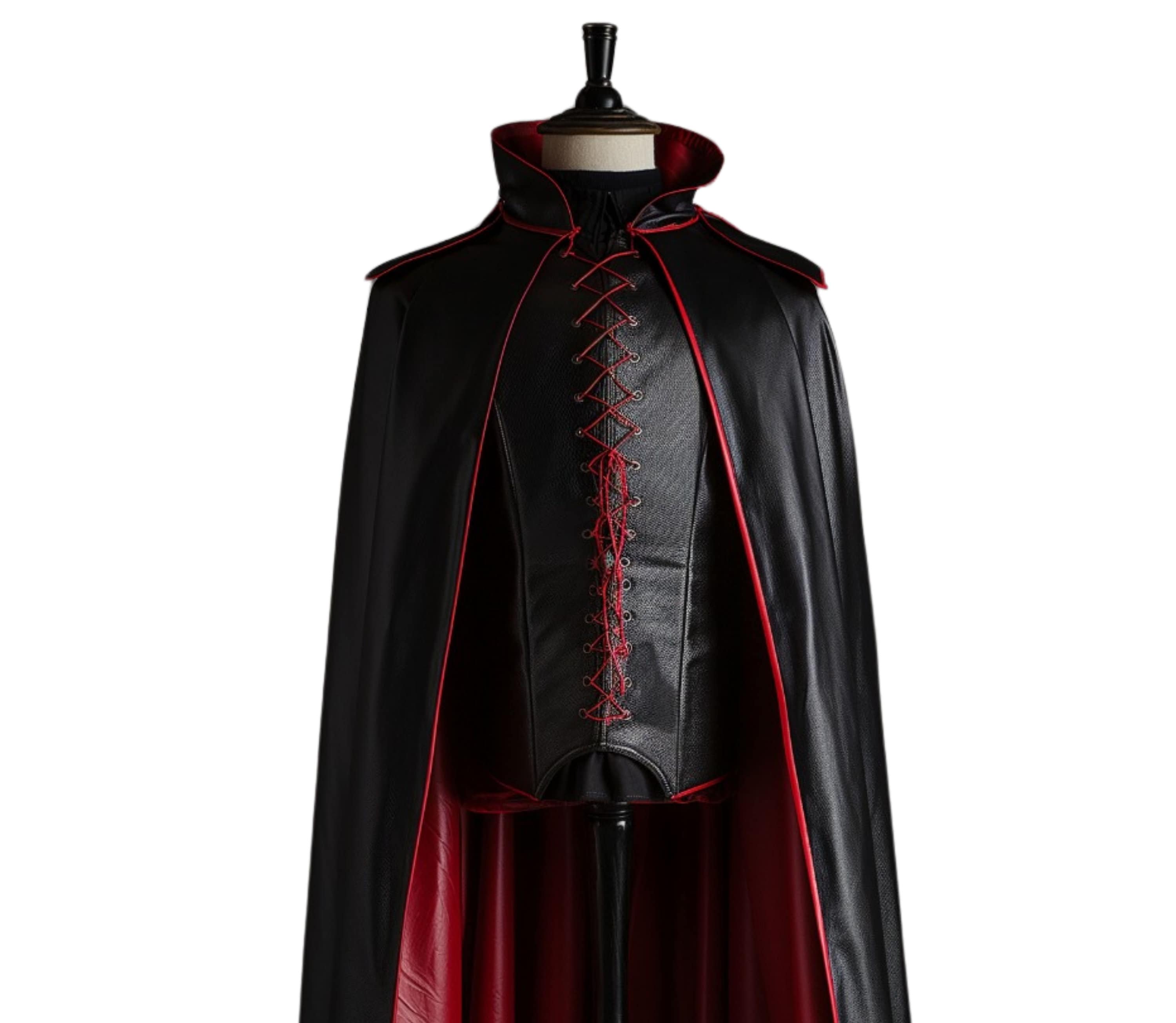 dracula and vampire cloak in red and black leather for cosplay and larp - creed leather