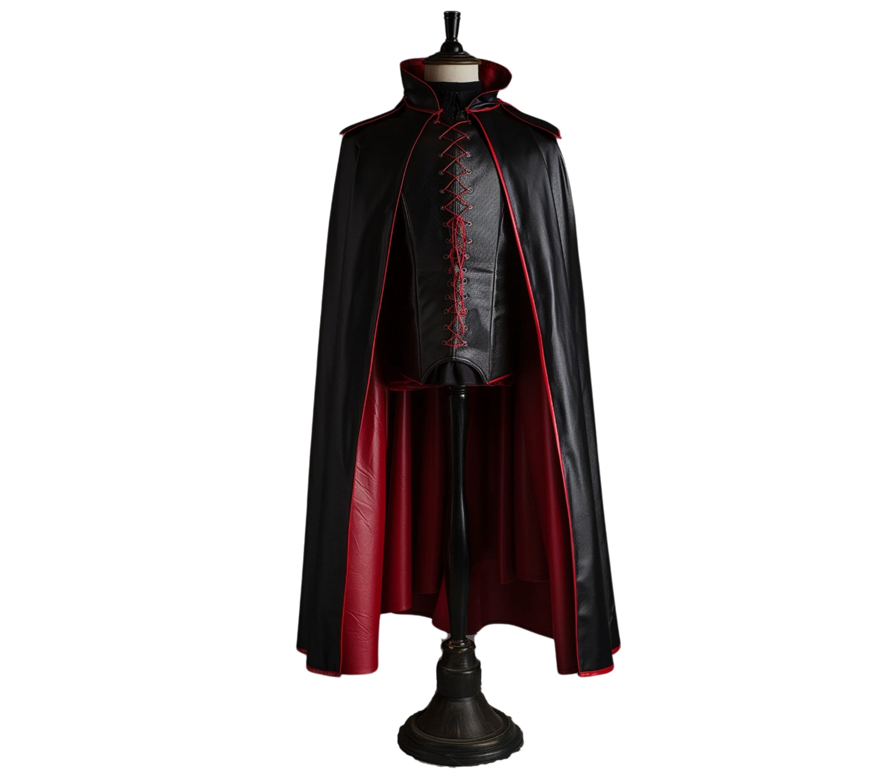 red and black leather vampire and dracula cloak costume with vest for cosplay and larp - creed leather