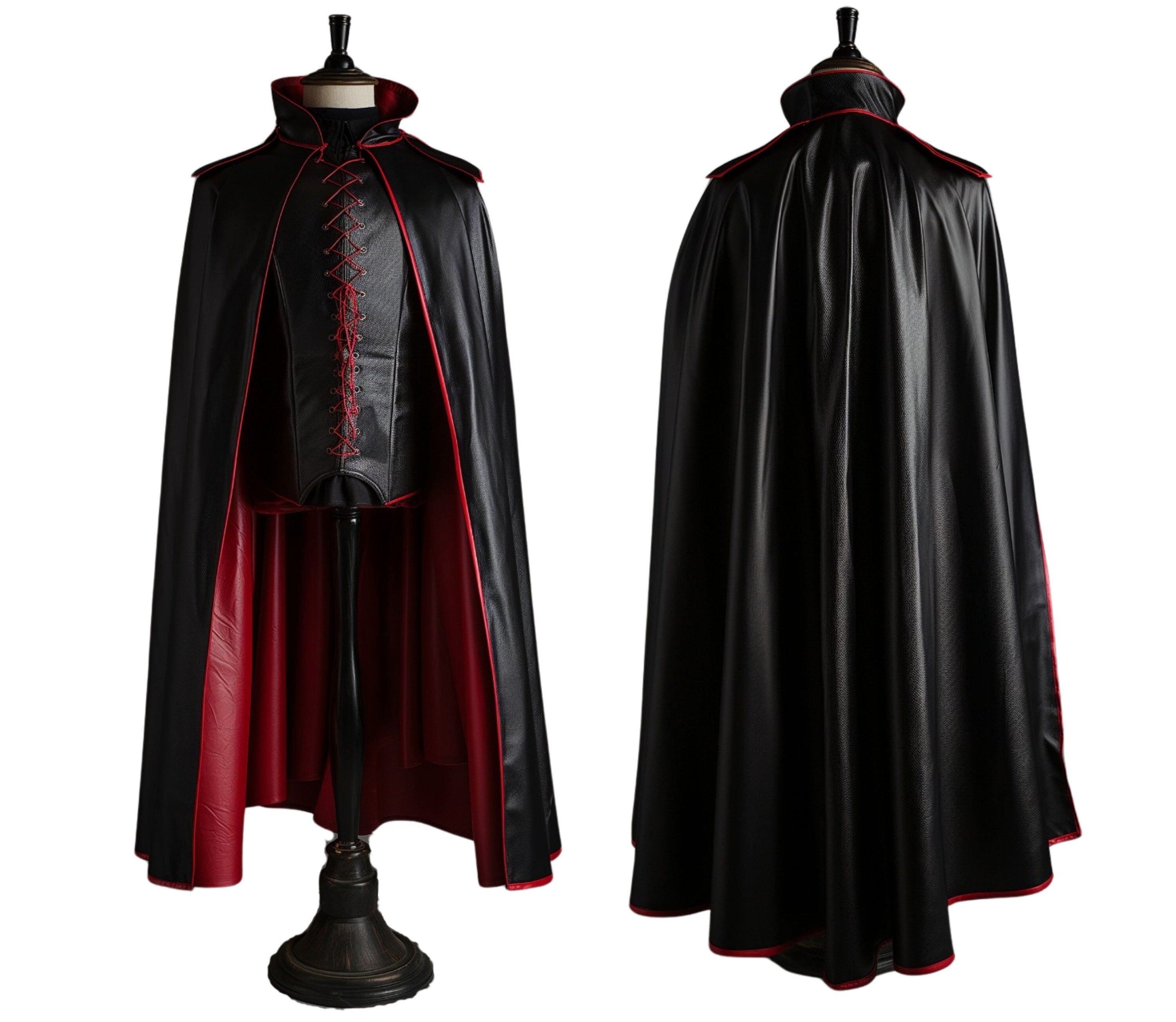 front and back view of dracula and vampire cloak in red and black leather for larp and cosplay - creed leather