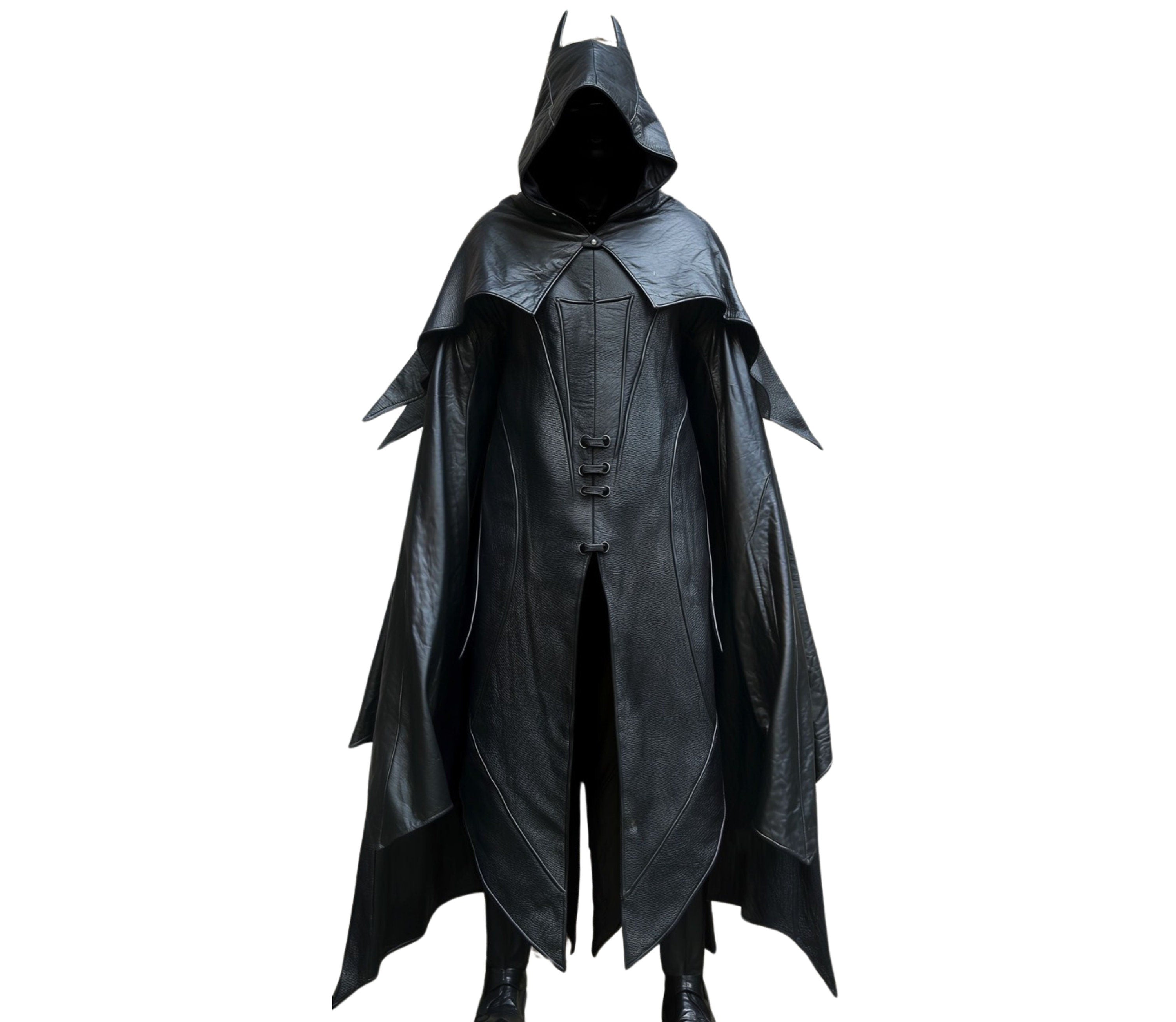 superhero cloak with hood in black leather for cosplay roleplay