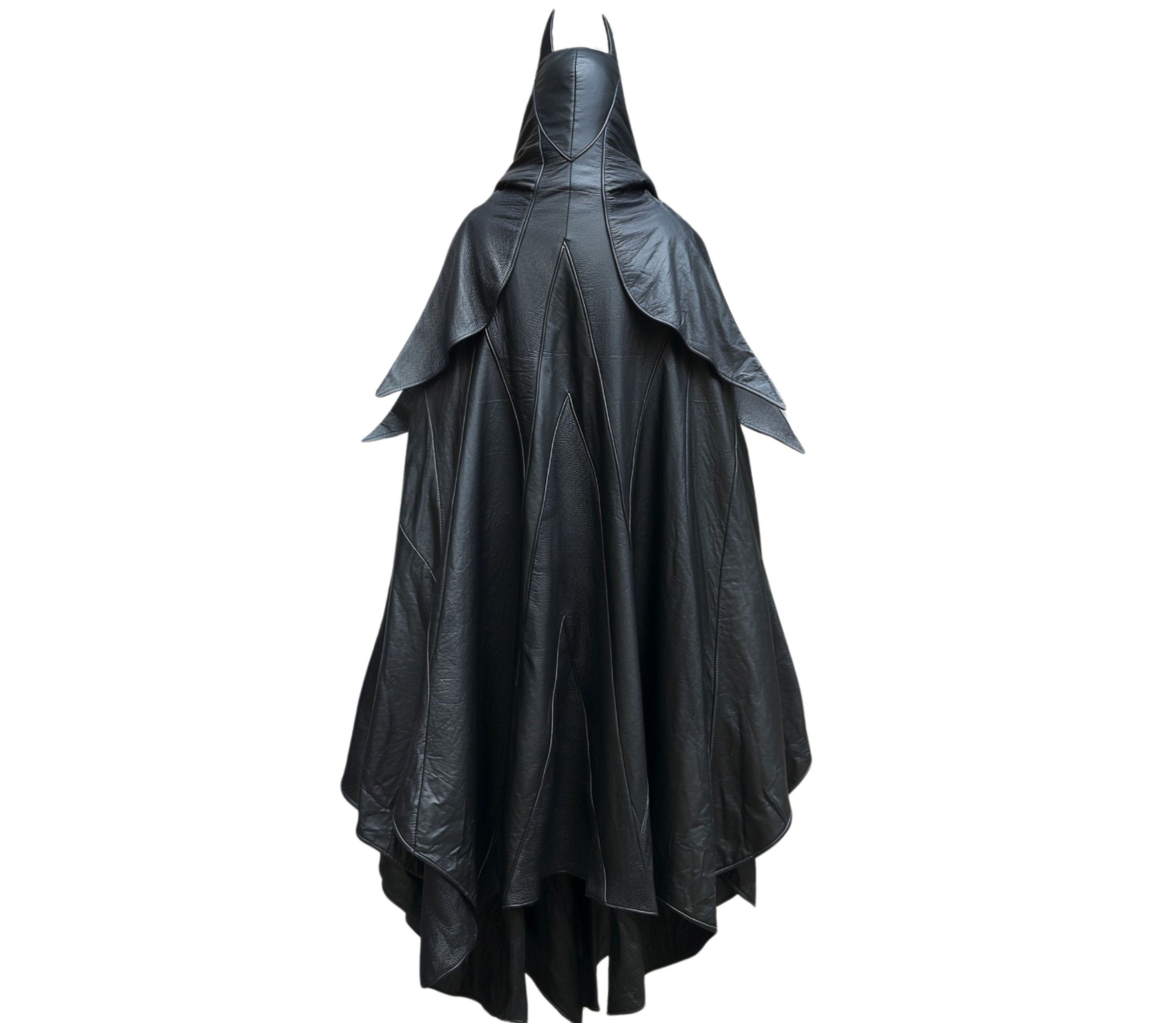 back view of black leather superhero cosplay costume cloak with hood and vest for cosplay - LARP outfit - ren faire clothing - fantasy fest - halloween - theme party - theatre - Creed Leather