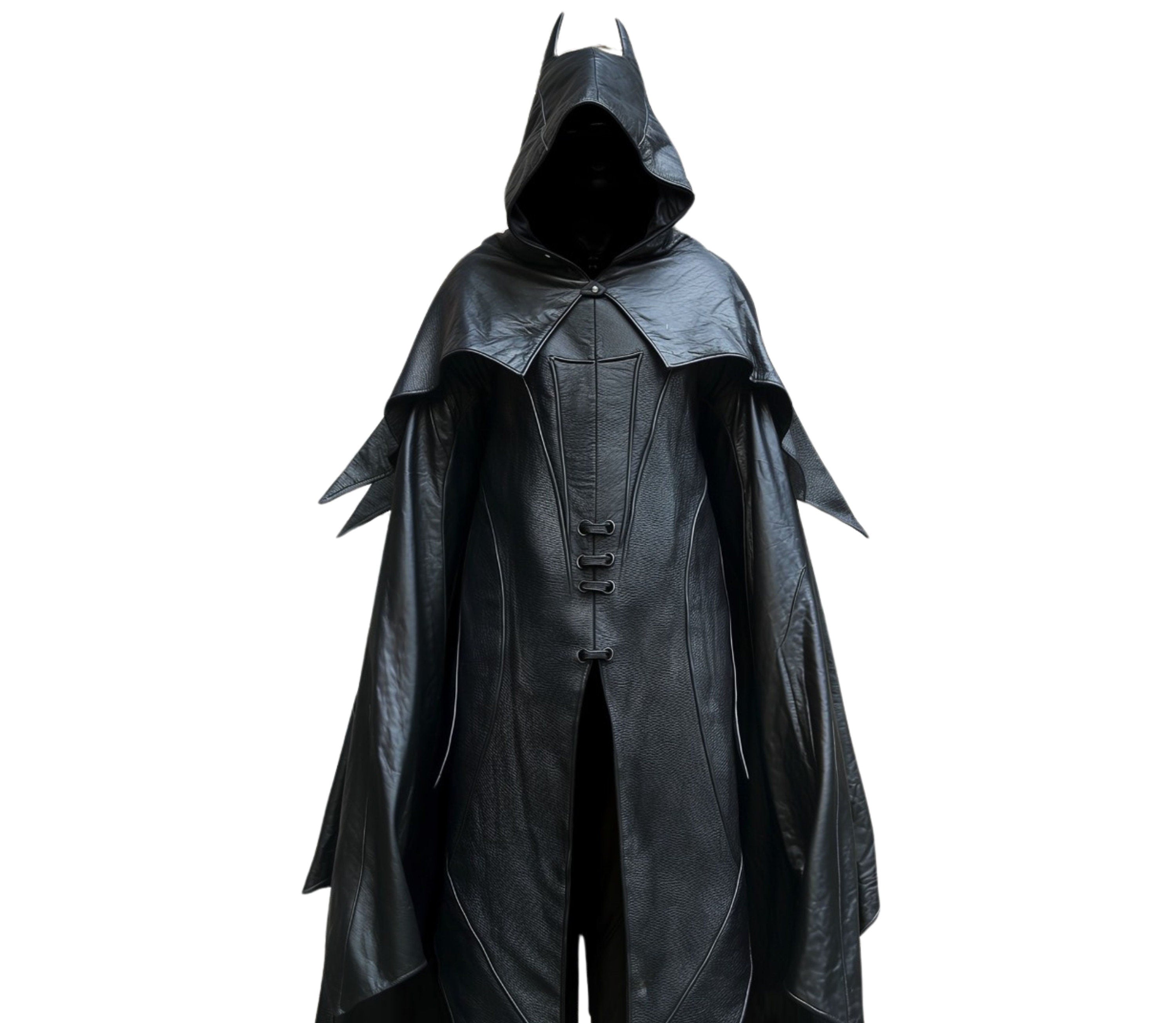 The Midnight Protector - Superhero Hooded Cloak in Black Leather - Superhero Cosplay Costume