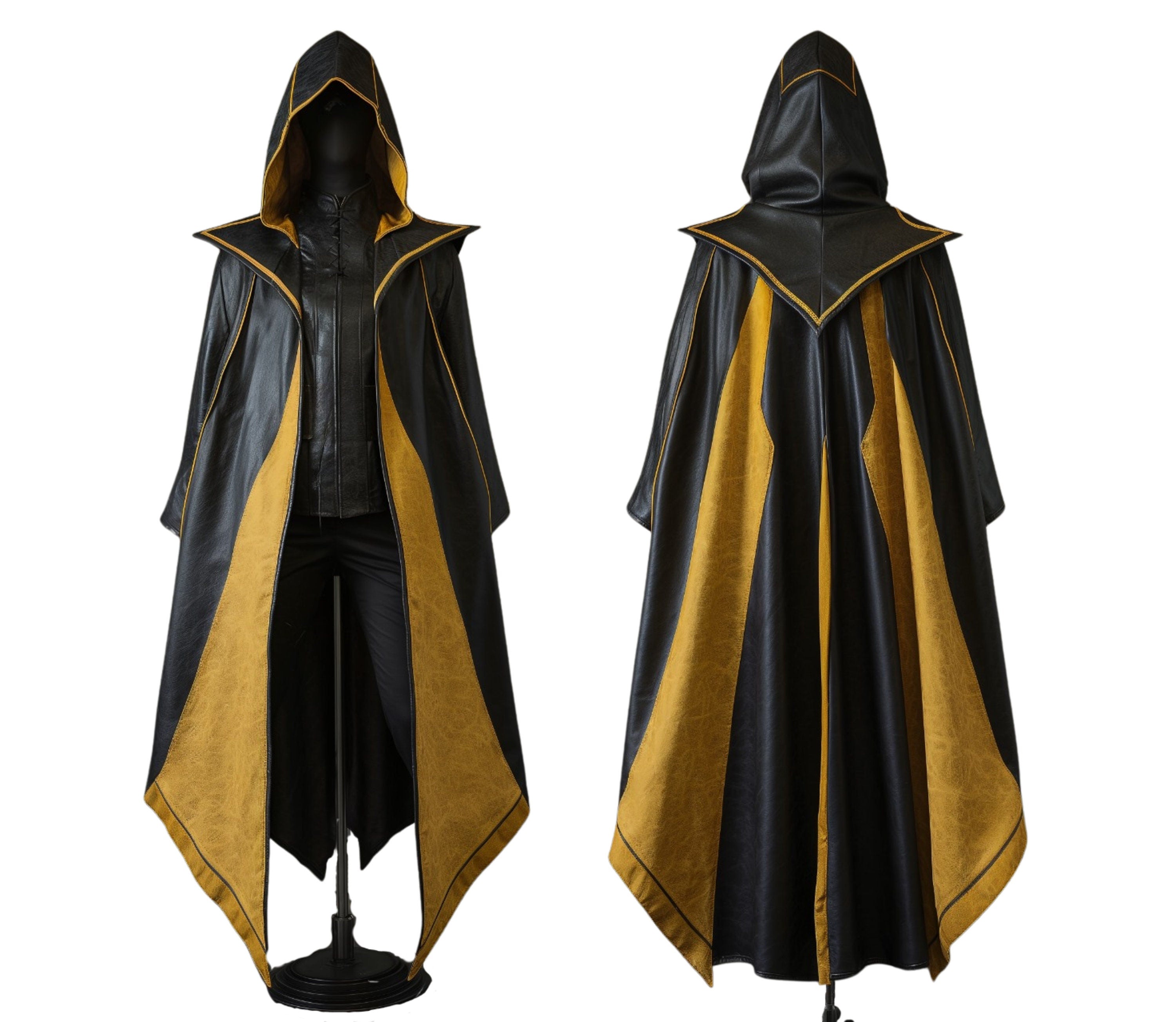 The Midnight's Ember - Pure Yellow And Black Leather Hooded Cloak - Handmade Black Leather Winter Cloak Gift - Leather Medieval Cloak For Halloween Cosplay