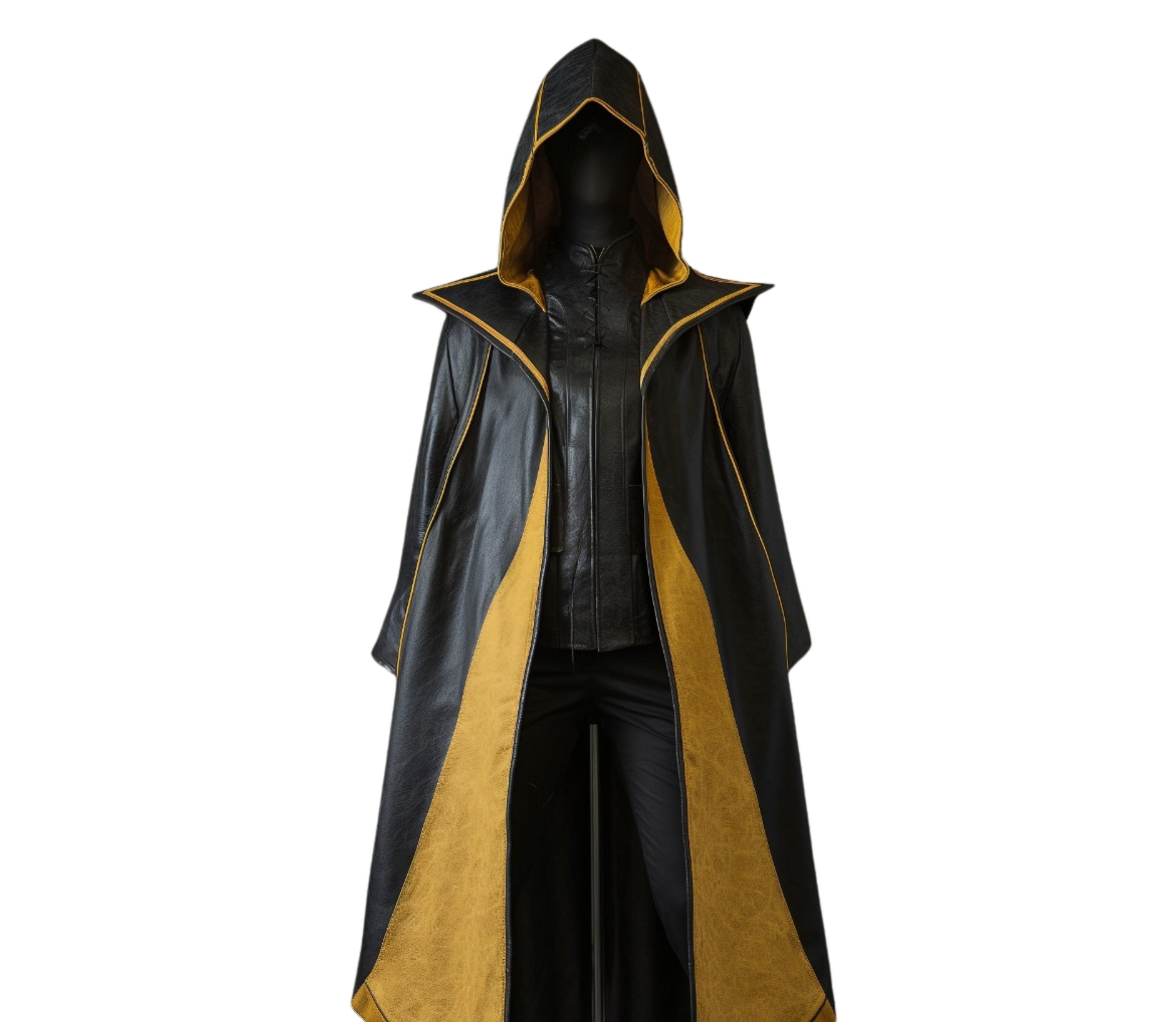 The Midnight's Ember - Pure Yellow And Black Leather Hooded Cloak - Handmade Black Leather Winter Cloak Gift - Leather Medieval Cloak For Halloween Cosplay