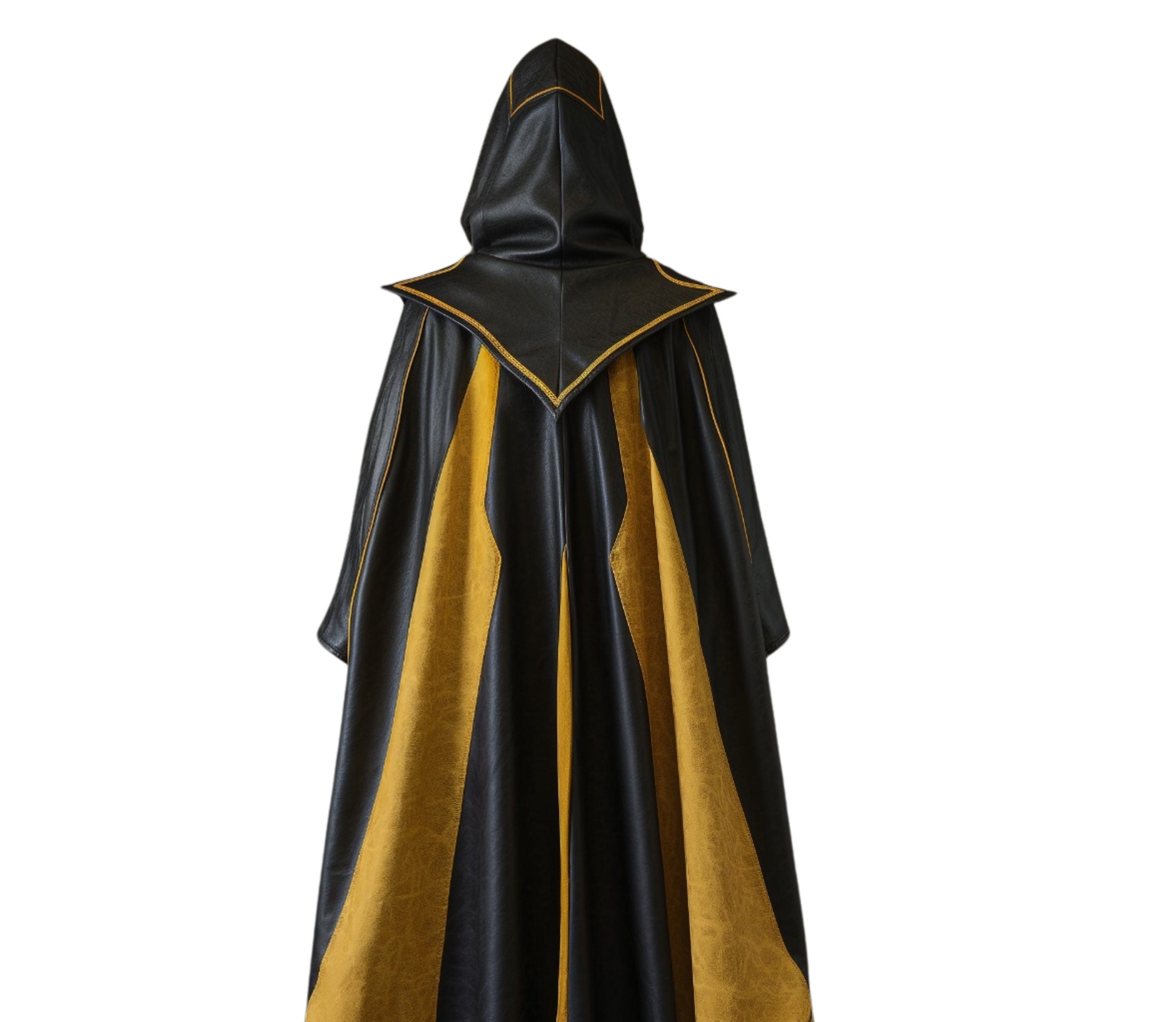 The Midnight's Ember - Pure Yellow And Black Leather Hooded Cloak - Handmade Black Leather Winter Cloak Gift - Leather Medieval Cloak For Halloween Cosplay