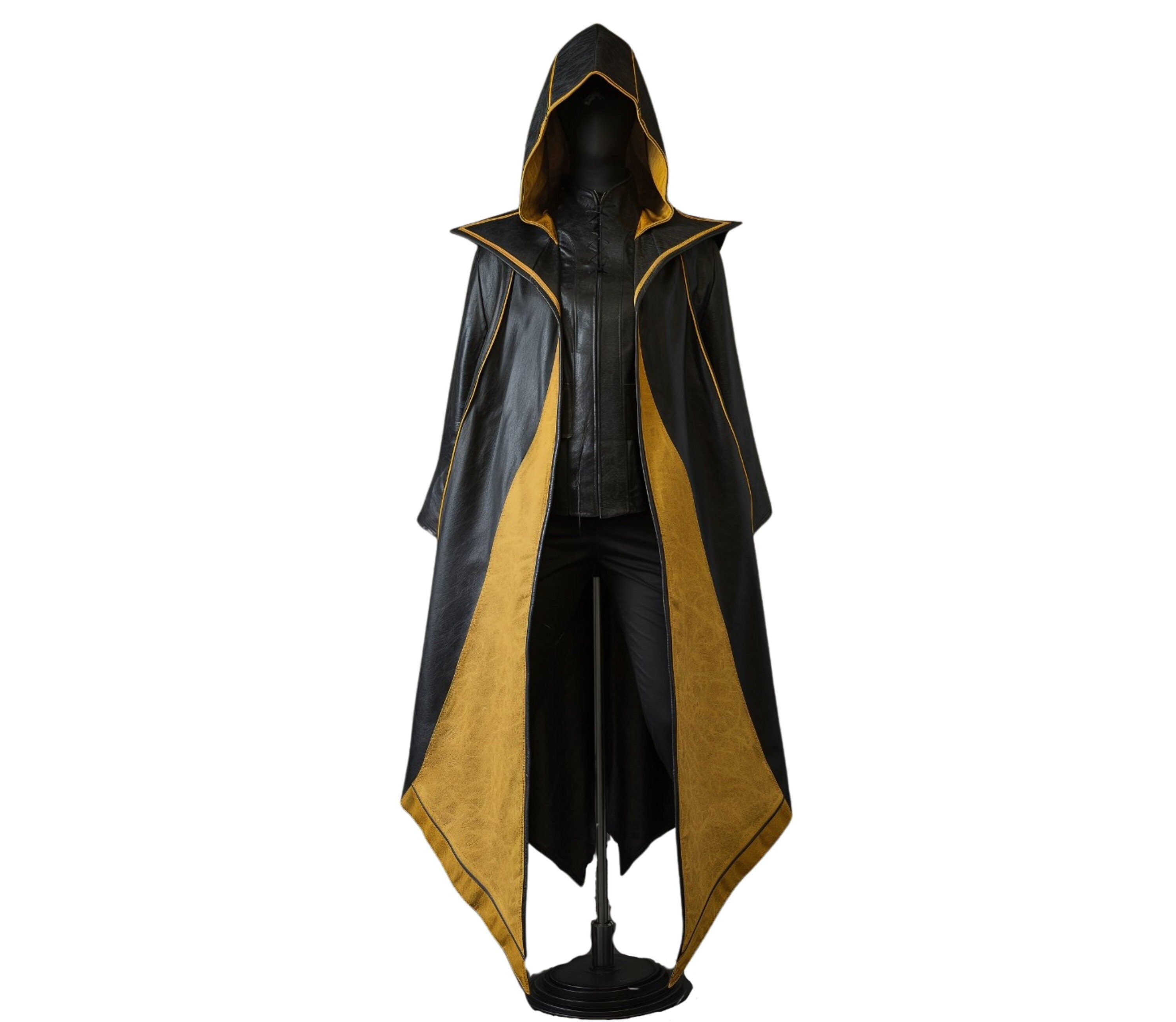 The Midnight's Ember - Pure Yellow And Black Leather Hooded Cloak - Handmade Black Leather Winter Cloak Gift - Leather Medieval Cloak For Halloween Cosplay