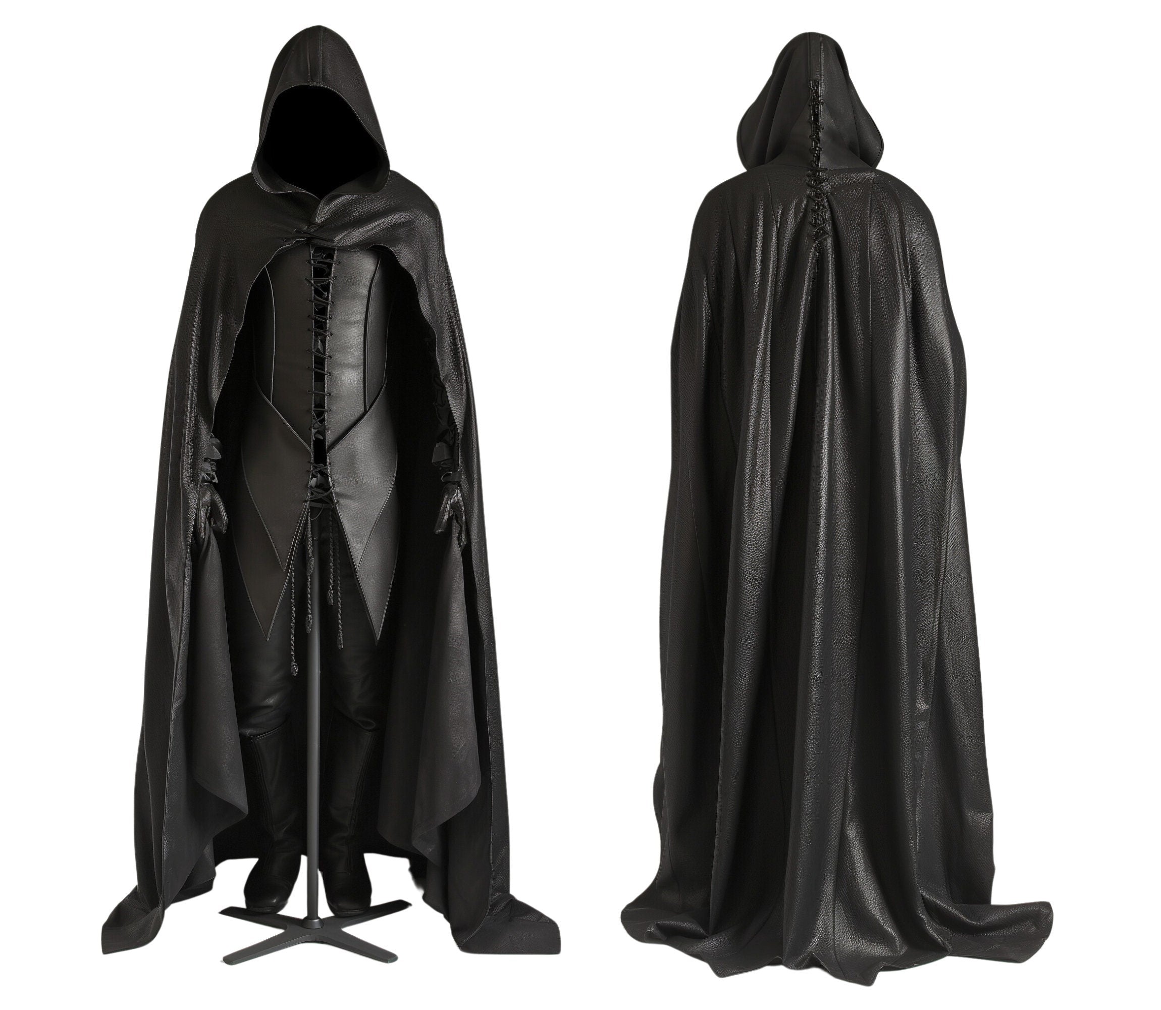 dark fantasy assassin cloak costume in black leather for larp or ren faire - creed leather