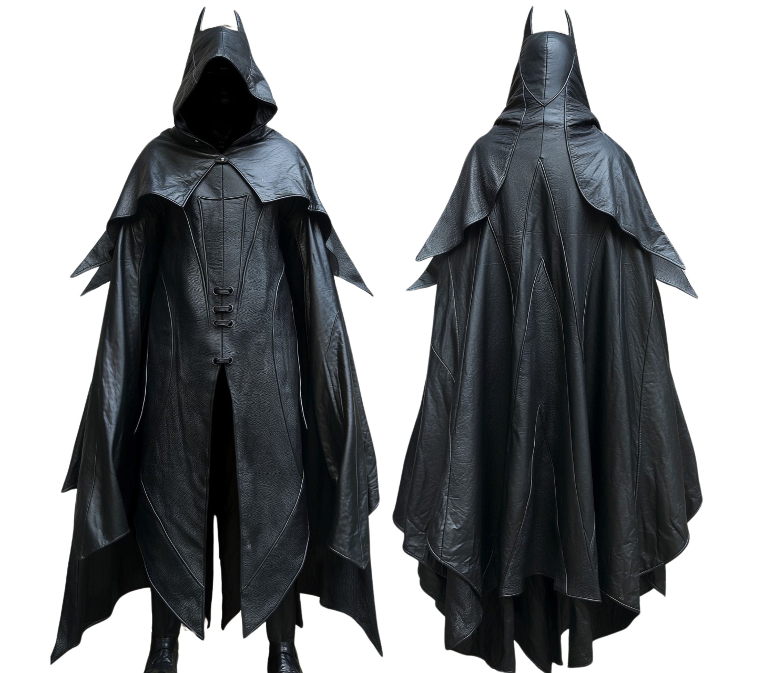 front and back view of black leather superhero cosplay costume cloak with hood and vest for cosplay - LARP outfit - ren faire clothing - fantasy fest - halloween - theme party - theatre - Creed Leather