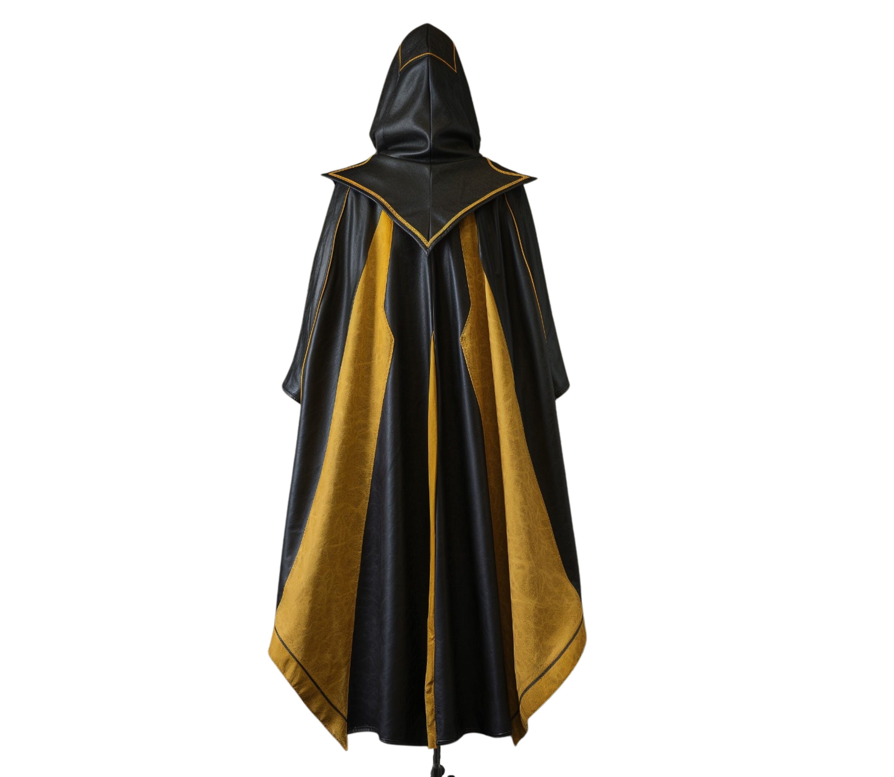 The Midnight's Ember - Pure Yellow And Black Leather Hooded Cloak - Handmade Black Leather Winter Cloak Gift - Leather Medieval Cloak For Halloween Cosplay