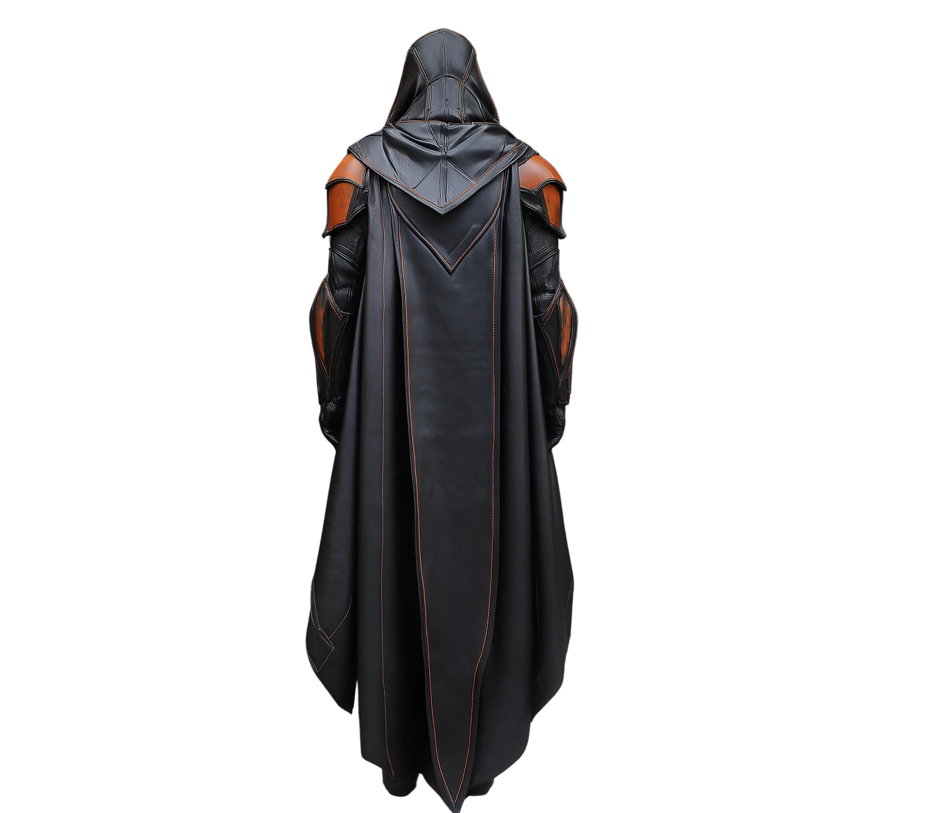 black leather hooded cloak for larp and cosplay - creed leather