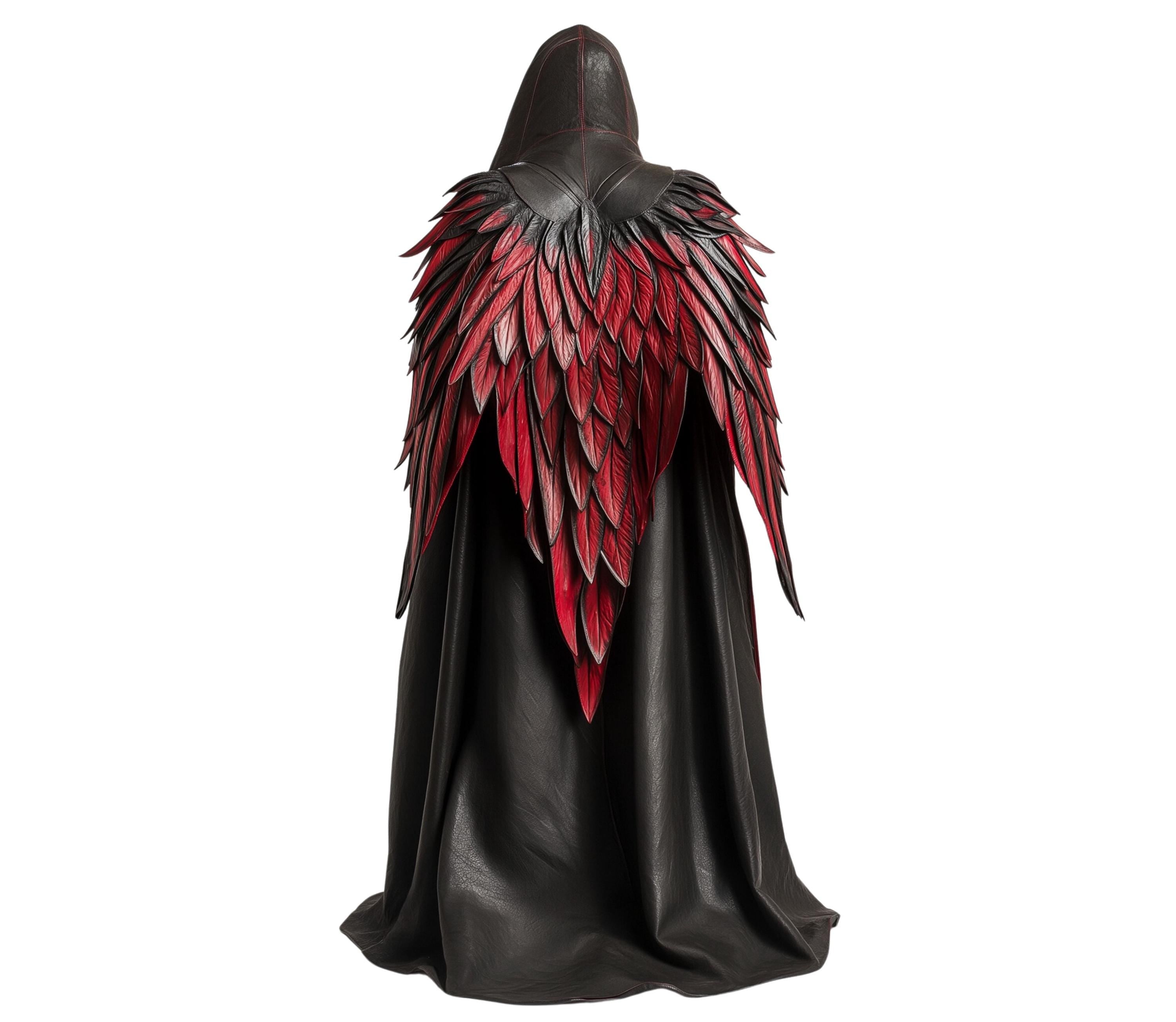 the raven raptor - red and black wings dark angel costume cloak with hood - creed leather