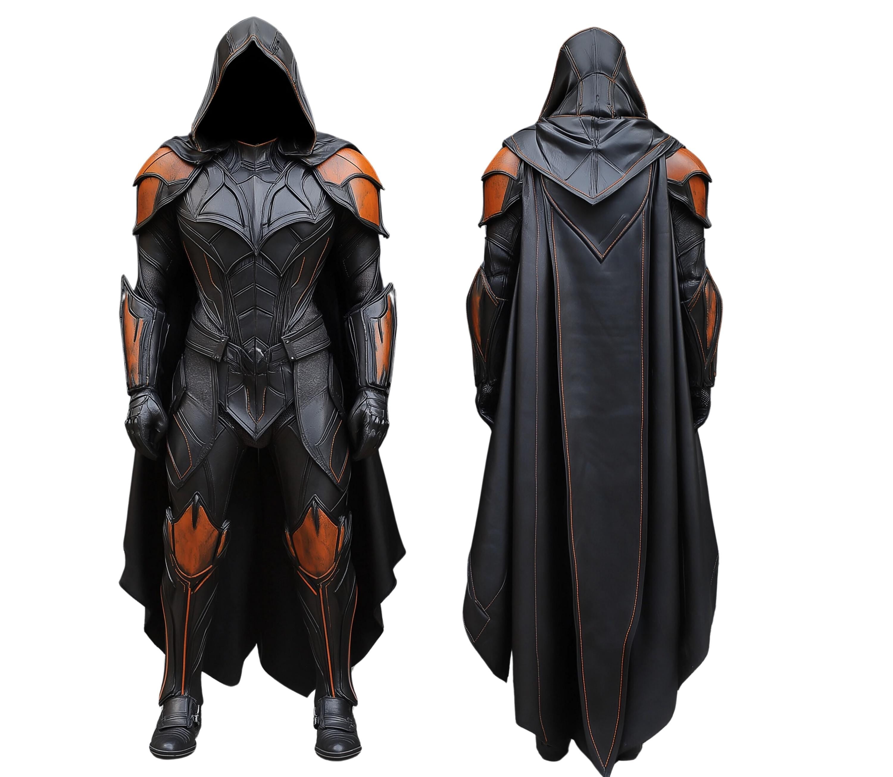 front and back view of black leather fantasy hooded cloak - larp armor - creed leather