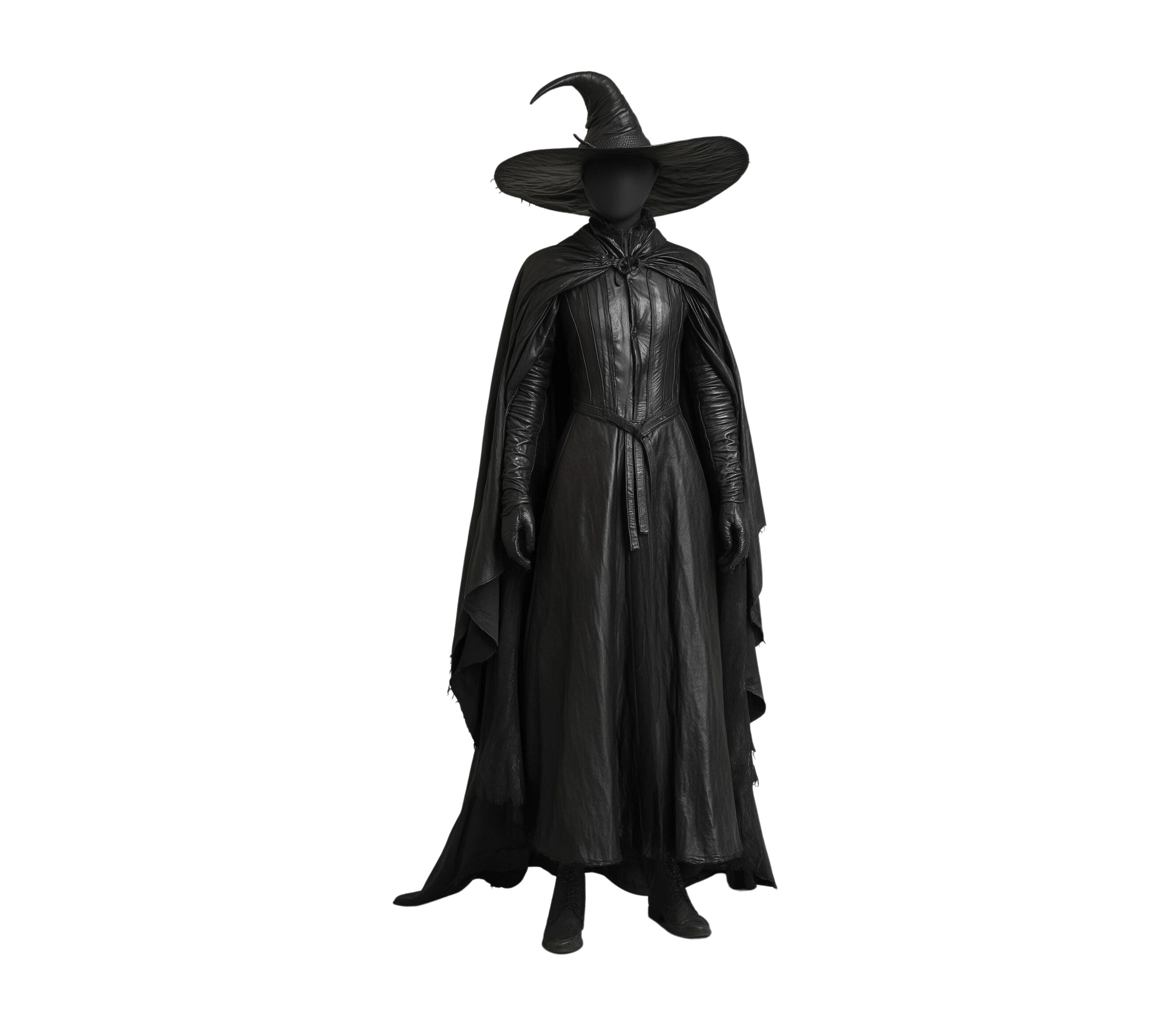 The Shadow's Witch Black Leather Cloak With Hat - Unisex Pure Leather Gothic Cloak - Halloween Fairy Costume For Spooky Season Cosplay