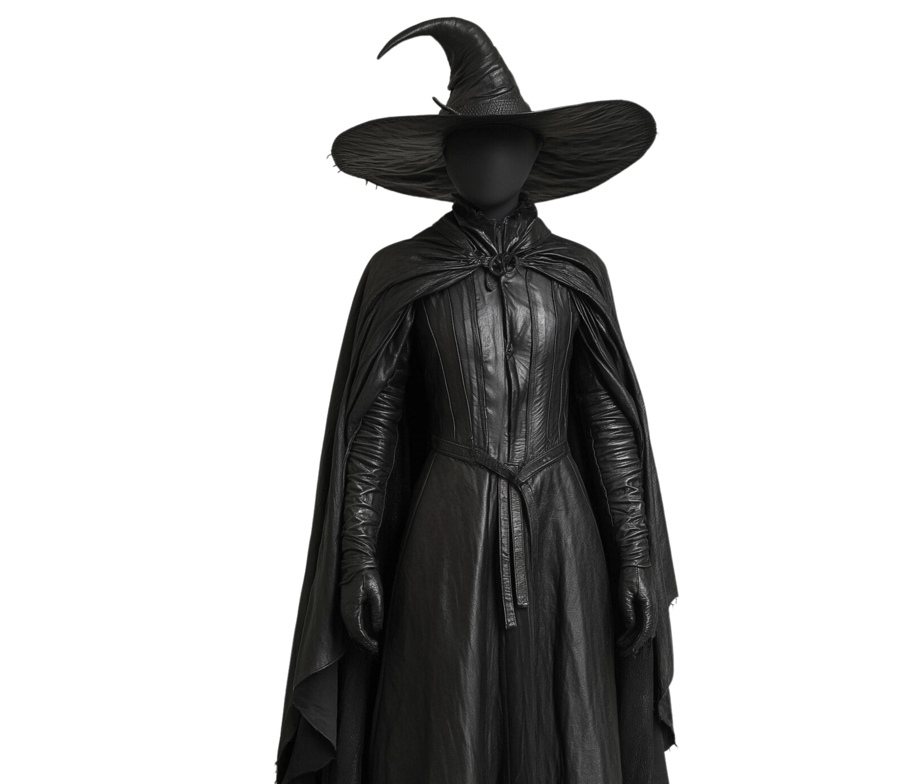 The Shadow's Witch Black Leather Cloak With Hat - Unisex Pure Leather Gothic Cloak - Halloween Fairy Costume For Spooky Season Cosplay