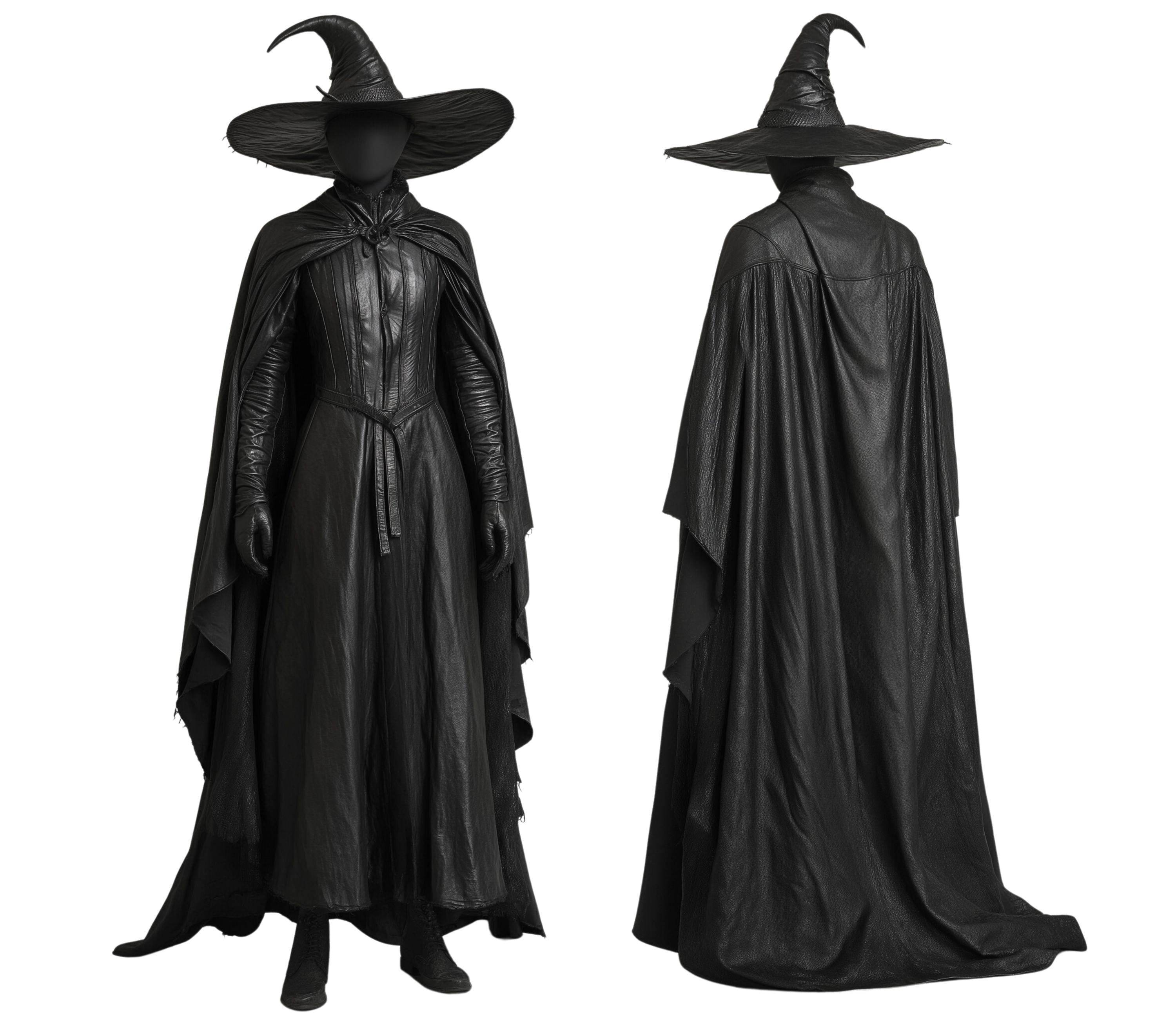 The Shadow's Witch Black Leather Cloak With Hat - Unisex Pure Leather Gothic Cloak - Halloween Fairy Costume For Spooky Season Cosplay