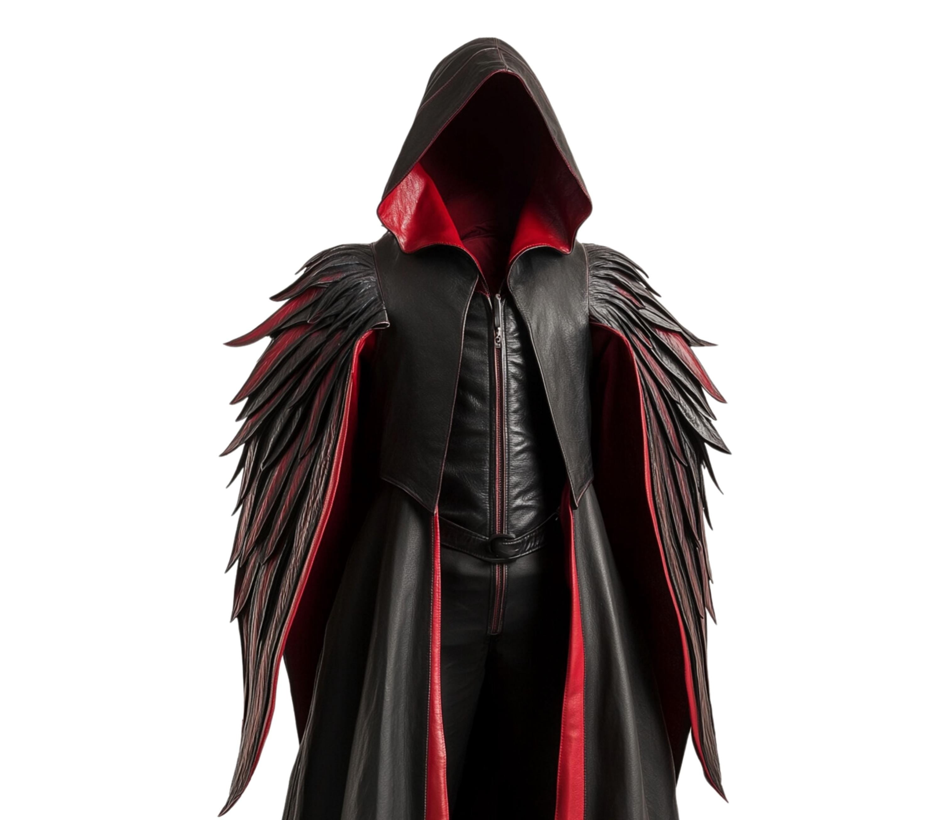 the raven raptor - dark fantasy angel hooded cloak in leather with wings for cosplay and larp - creed leather