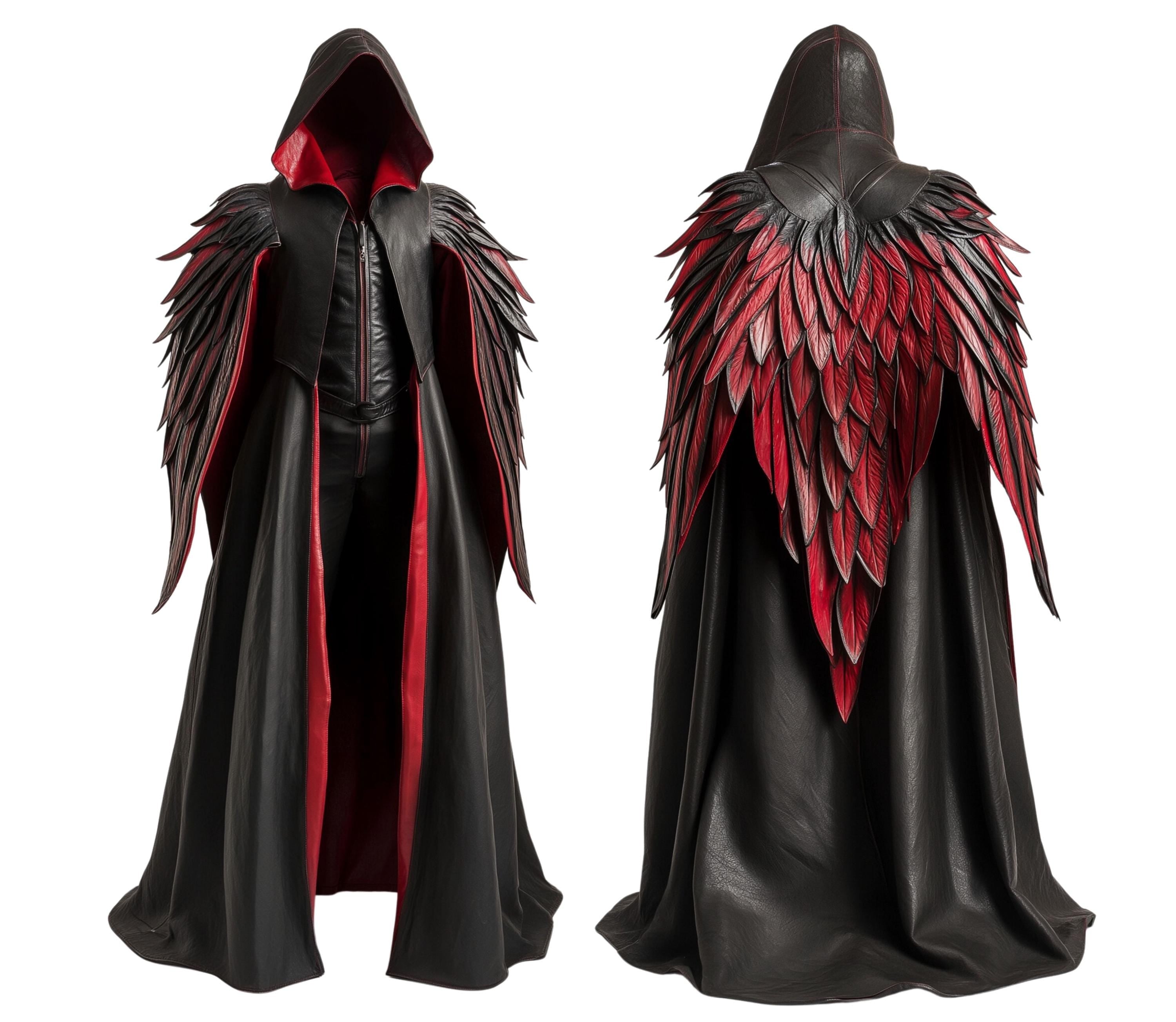 the raven raptor - red and black dark angel costume and fantasy hooded cloak with wings for fallen angel, evil warrior & demon - cosplay and larp outfit - creed leather