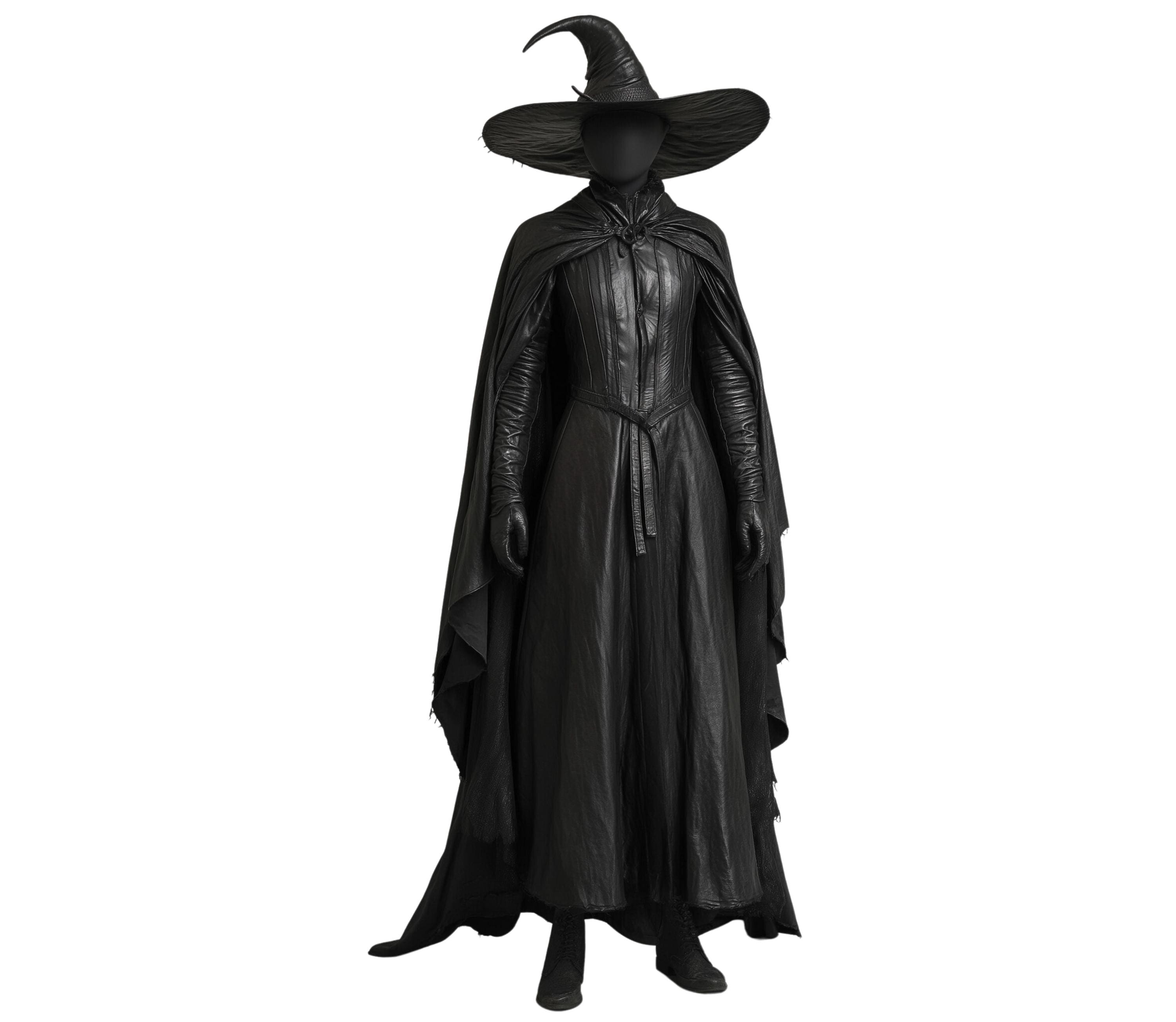 The Shadow's Witch Black Leather Cloak With Hat - Unisex Pure Leather Gothic Cloak - Halloween Fairy Costume For Spooky Season Cosplay