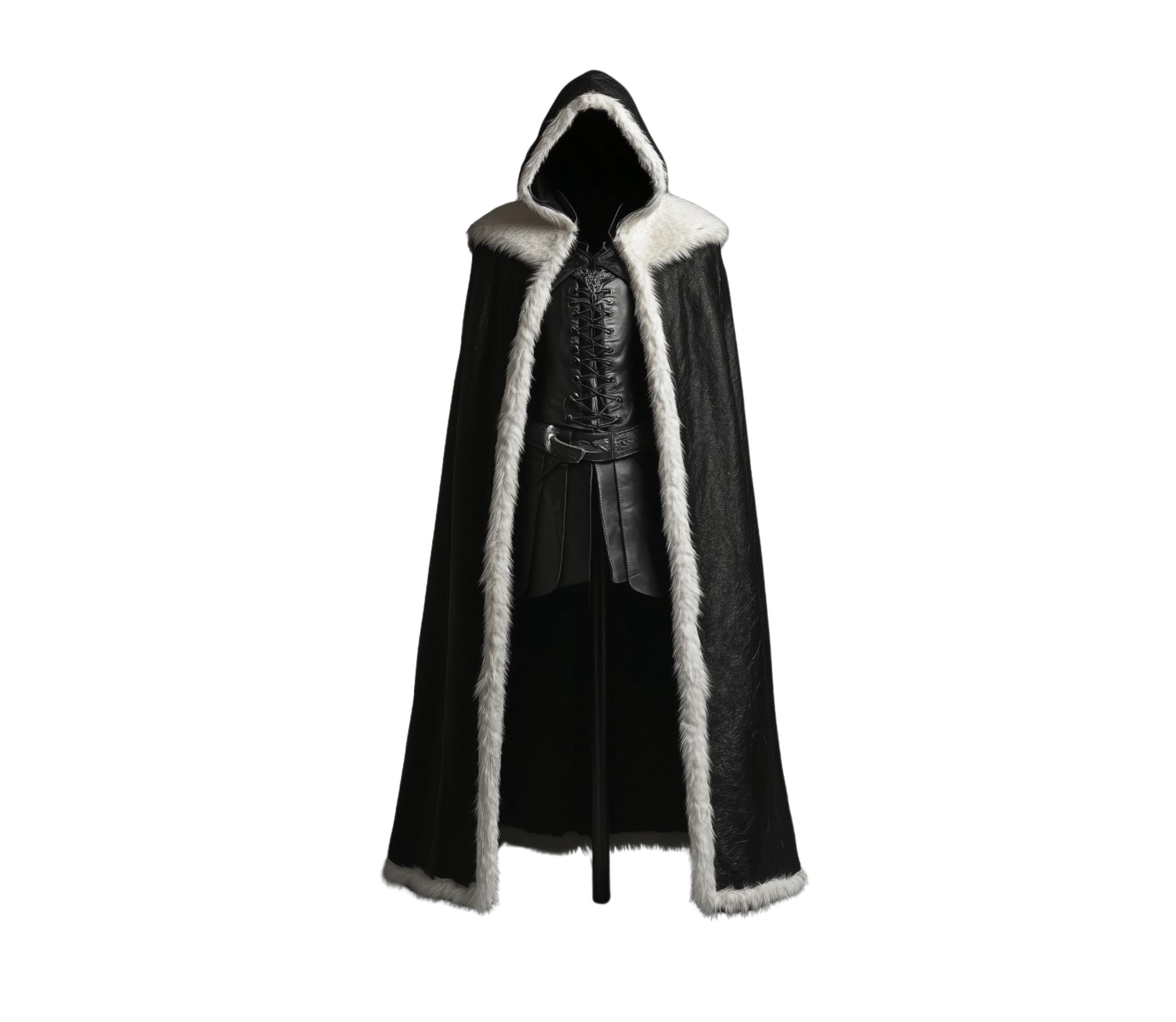 The Winter Sovereign - Pure Black Leather Hooded Cloak With White Fur - Leather Medieval Cloak With Vest For Cosplay - Genuine Black Leather Fairy Fur Cloak Gift