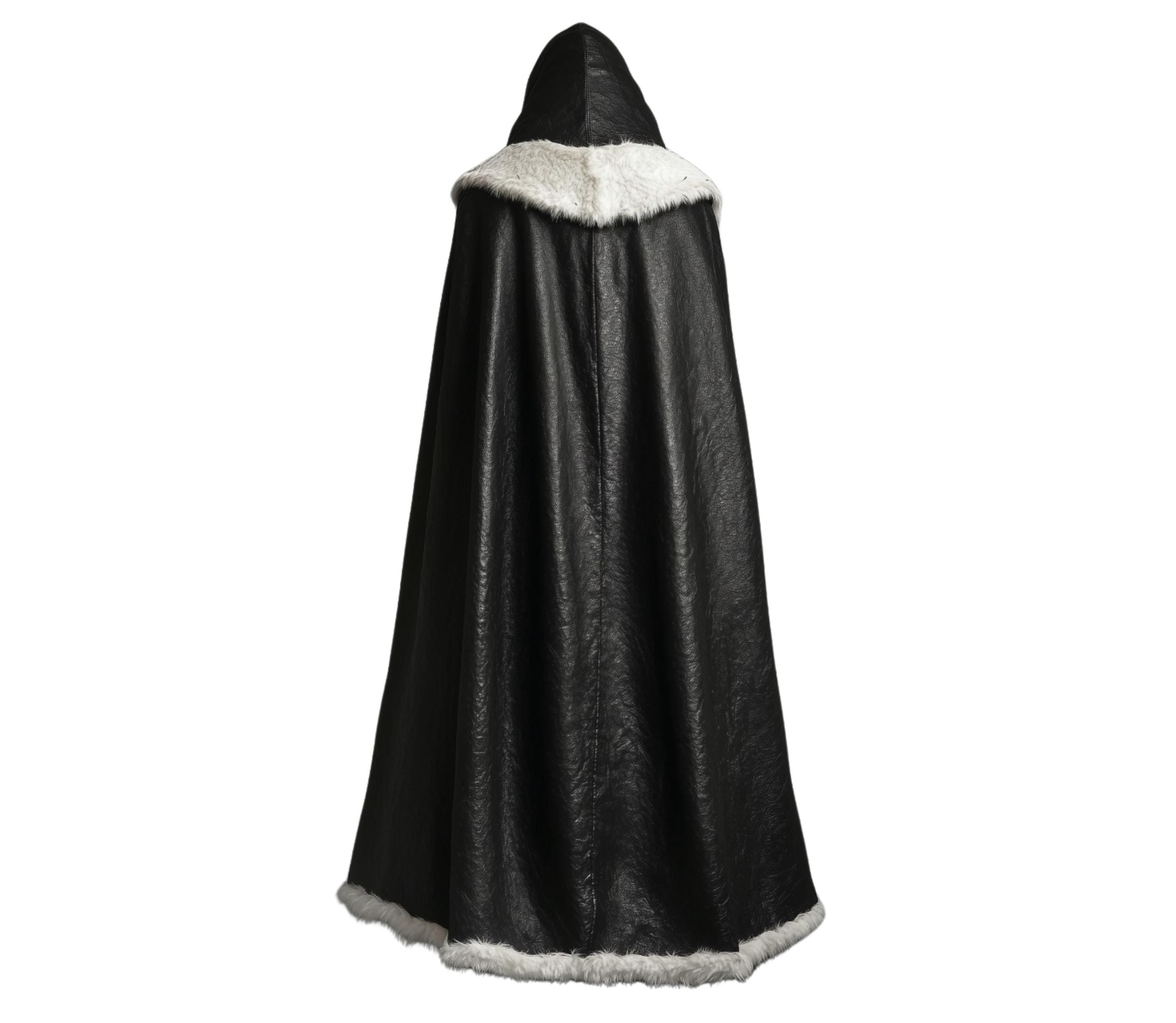 The Winter Sovereign - Pure Black Leather Hooded Cloak With White Fur - Leather Medieval Cloak With Vest For Cosplay - Genuine Black Leather Fairy Fur Cloak Gift