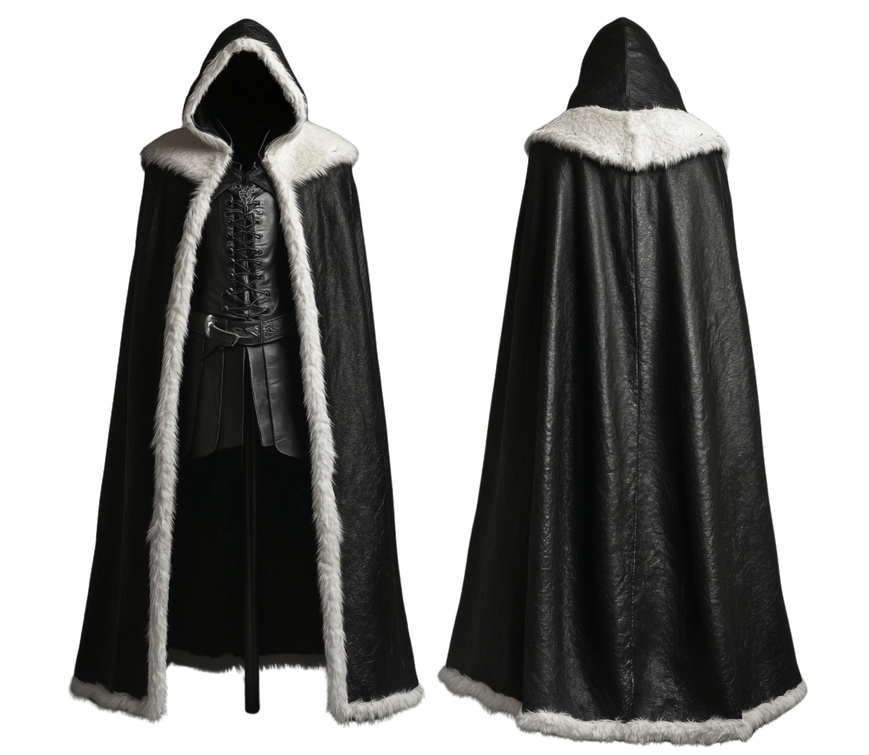 The Winter Sovereign - Pure Black Leather Hooded Cloak With White Fur - Leather Medieval Cloak With Vest For Cosplay - Genuine Black Leather Fairy Fur Cloak Gift