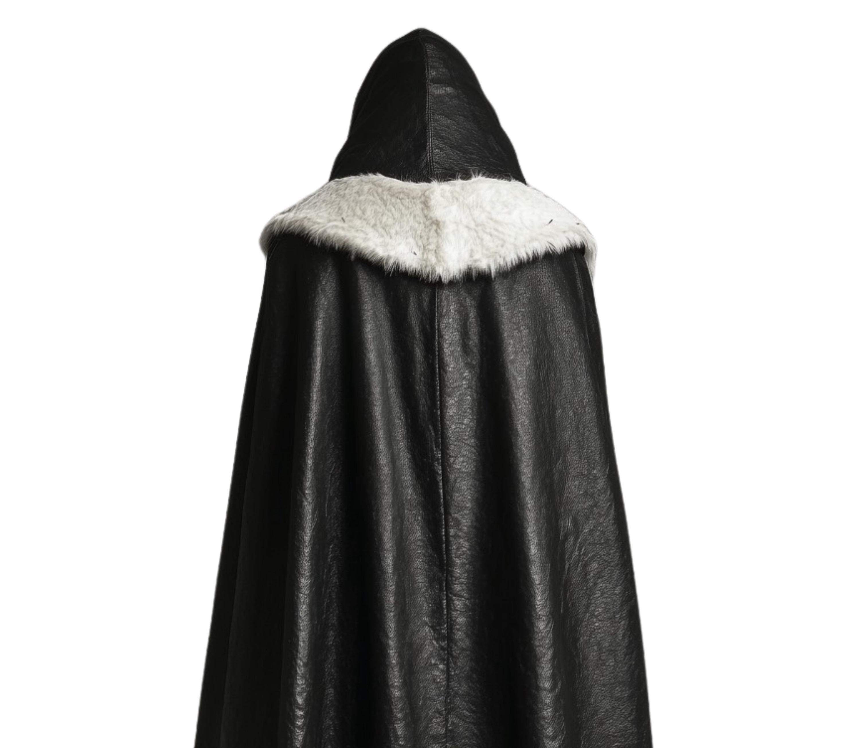 The Winter Sovereign - Pure Black Leather Hooded Cloak With White Fur - Leather Medieval Cloak With Vest For Cosplay - Genuine Black Leather Fairy Fur Cloak Gift