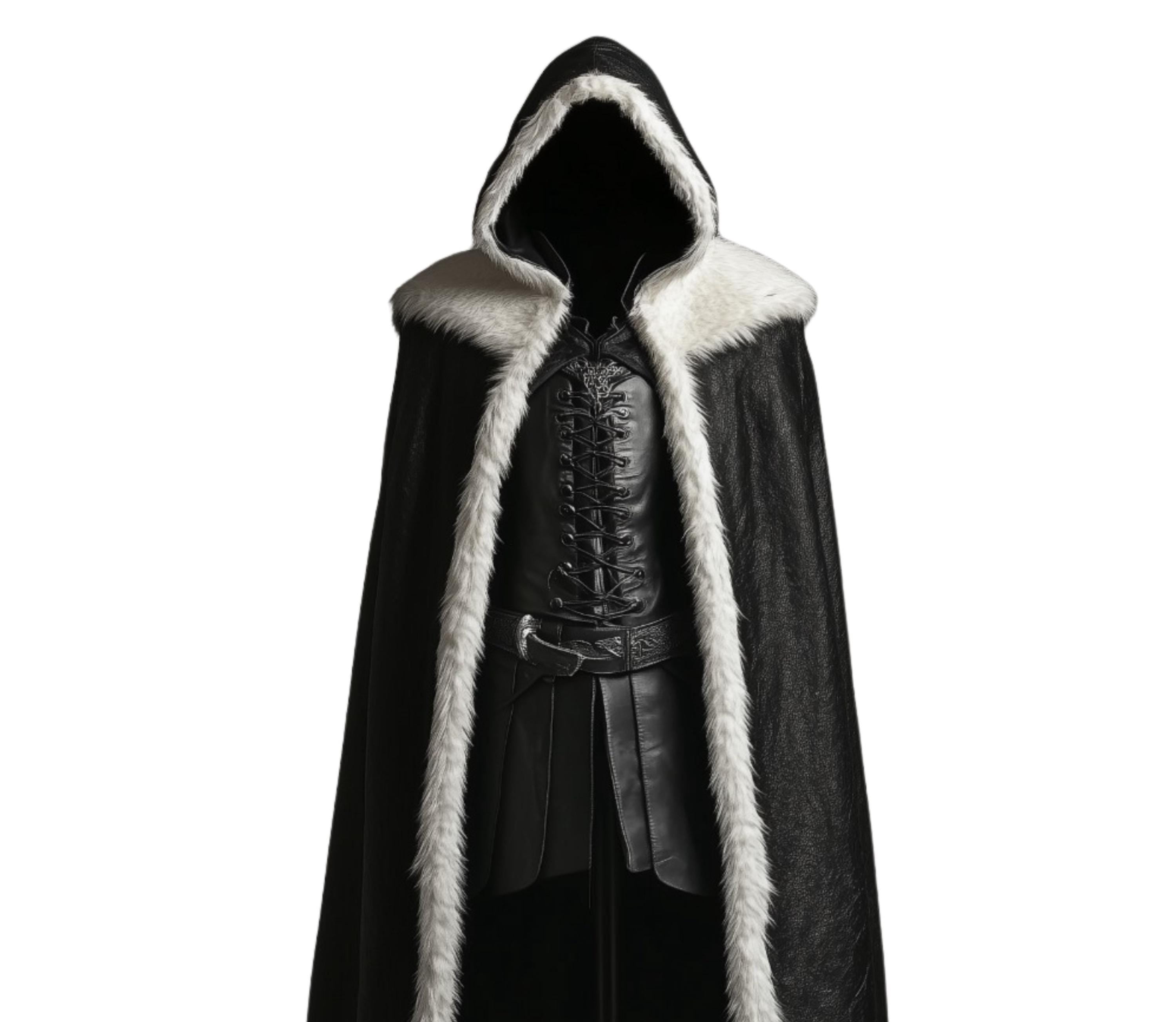 The Winter Sovereign - Pure Black Leather Hooded Cloak With White Fur - Leather Medieval Cloak With Vest For Cosplay - Genuine Black Leather Fairy Fur Cloak Gift