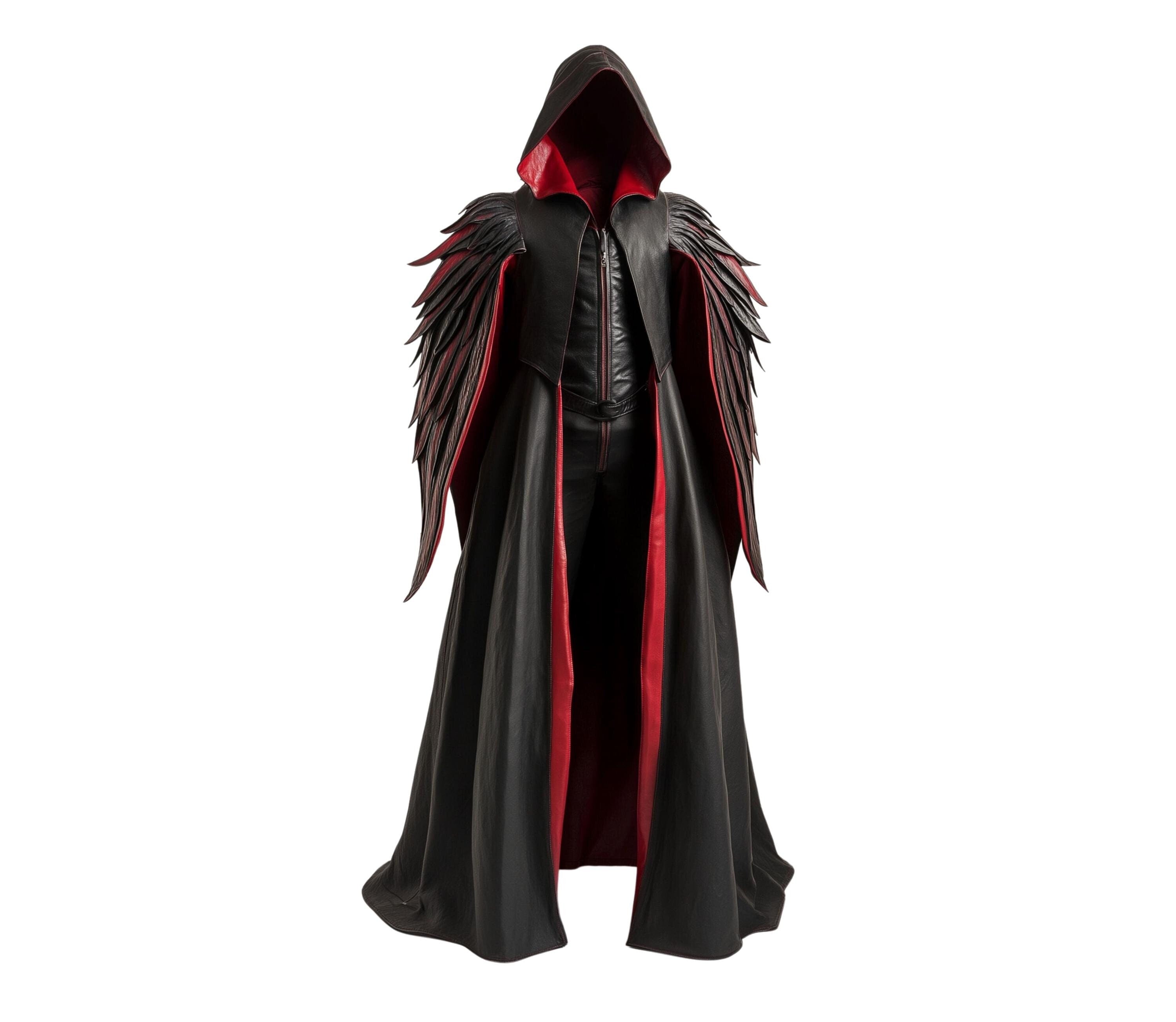 the raven raptor - red and black dark angel costume and fantasy hooded cloak with wings for fallen angel, evil warrior & demon - cosplay and larp cloak - creed leather