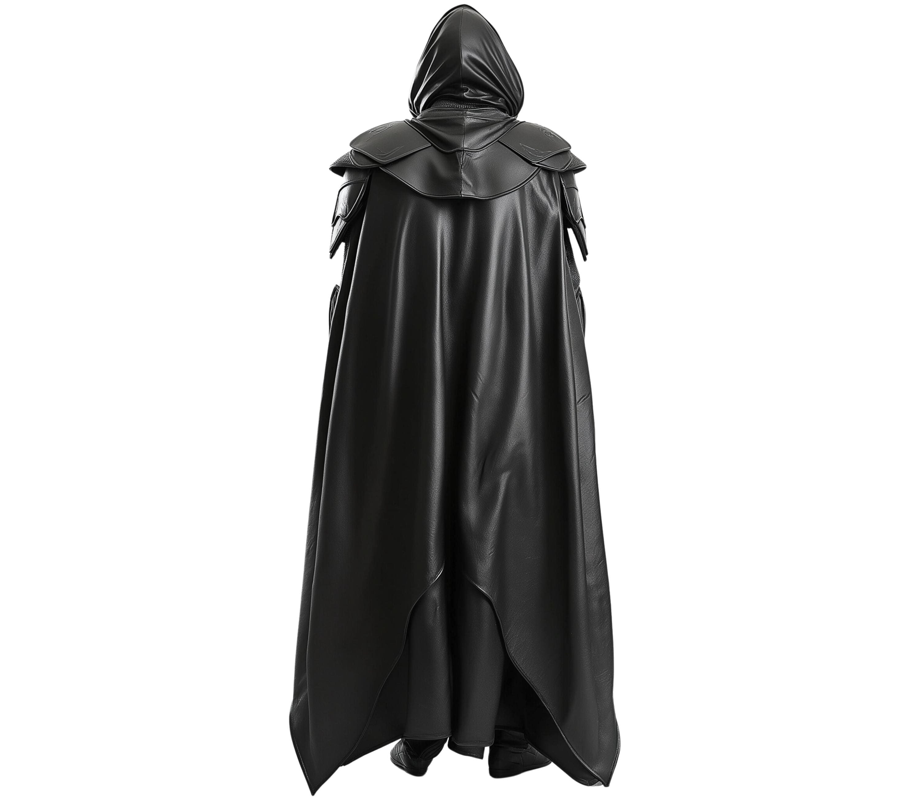 back view of black leather cloak with hood for cosplay costume as viking - knight - warrior - assassin - for larp, ren faire, halloween, cosplay, themed parties and theatre - Creed Leather