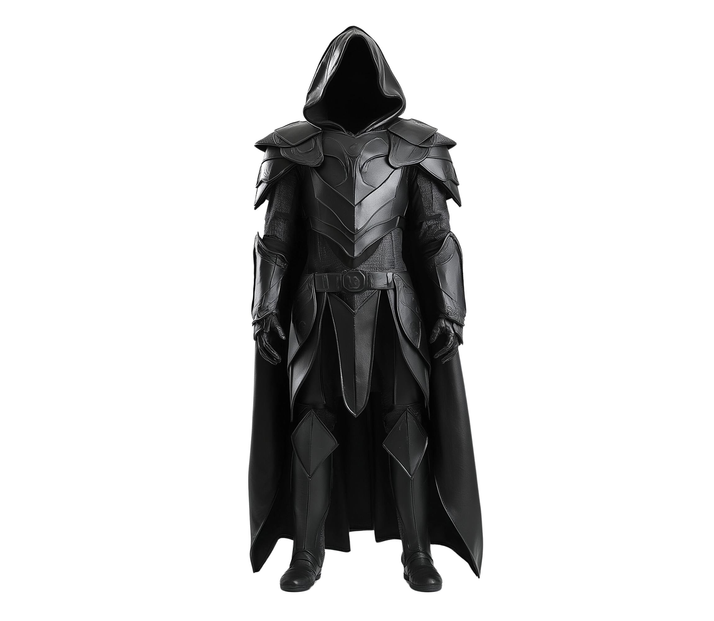 front view of medieval cosplay costume cloak with hood and armor in black leather for viking - knight - rogue - warrior - assassin - larp - ren faire - halloween - theme party - theatre - fantasy fest - cosplay - Creed Leather