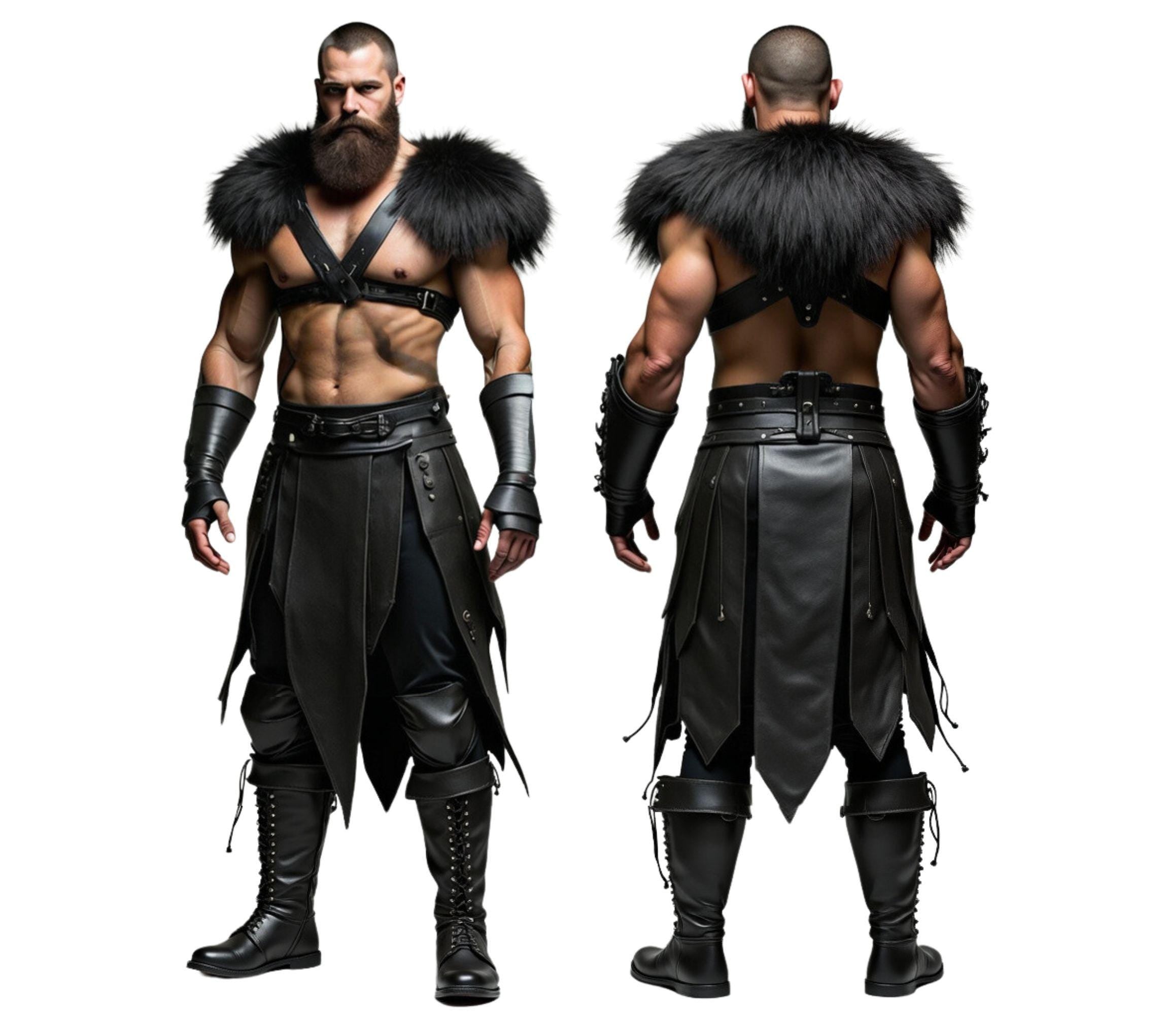 The Black Wolf of the North - Handmade Pure Black Leather Barbarian Fur Costume - Medieval Fur DnD Shoulder Pauldrons With Kilt - Barbarian Mens LARP Cosplay Costume