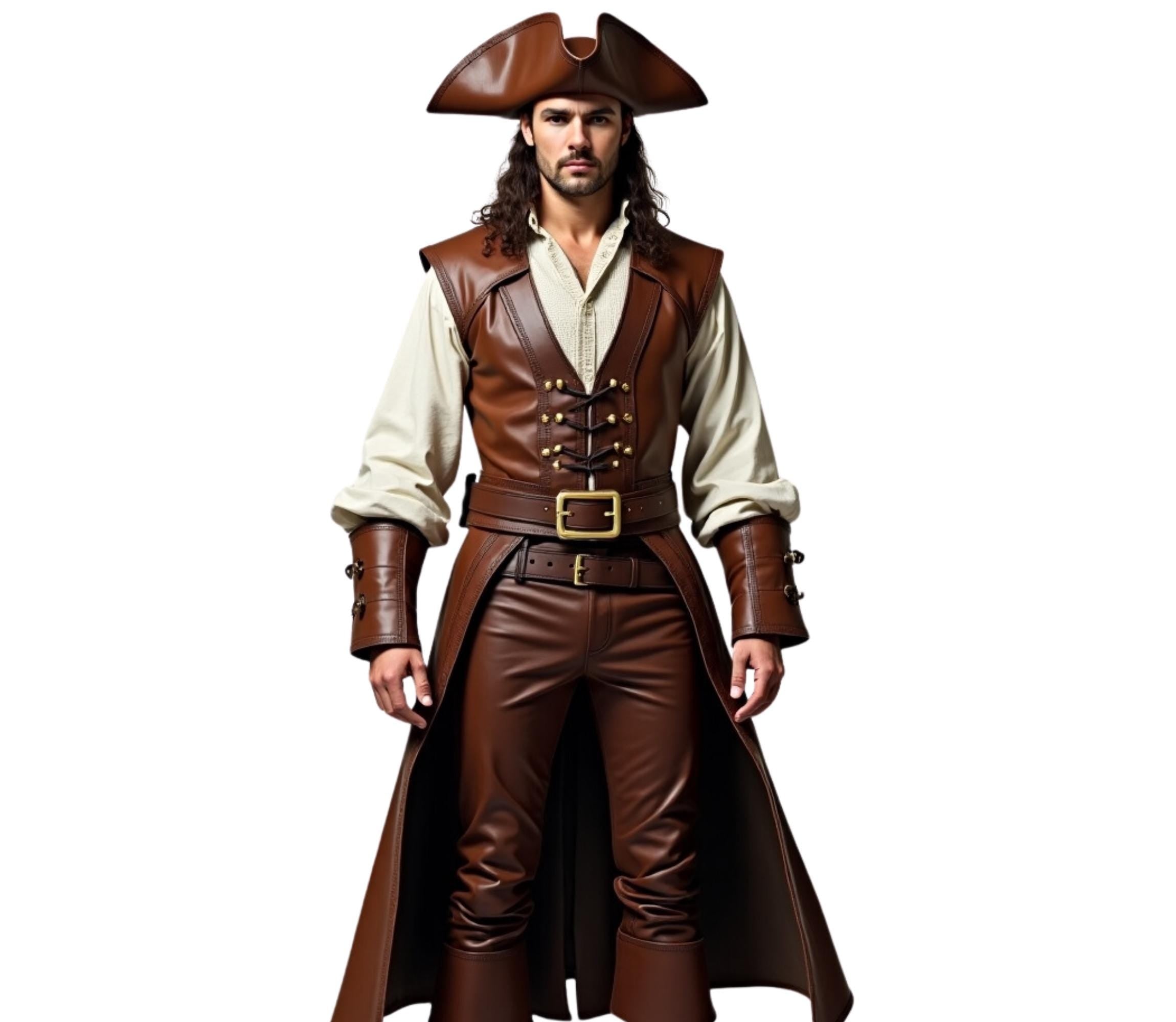 The Obsidian Mariner - Pure Brown Leather Pirate Cosplay Costume - Handmade Renaissance Fair Pirate Coat - Captain’s Vest Ren Faire Festival Outfit - Pirate Hat