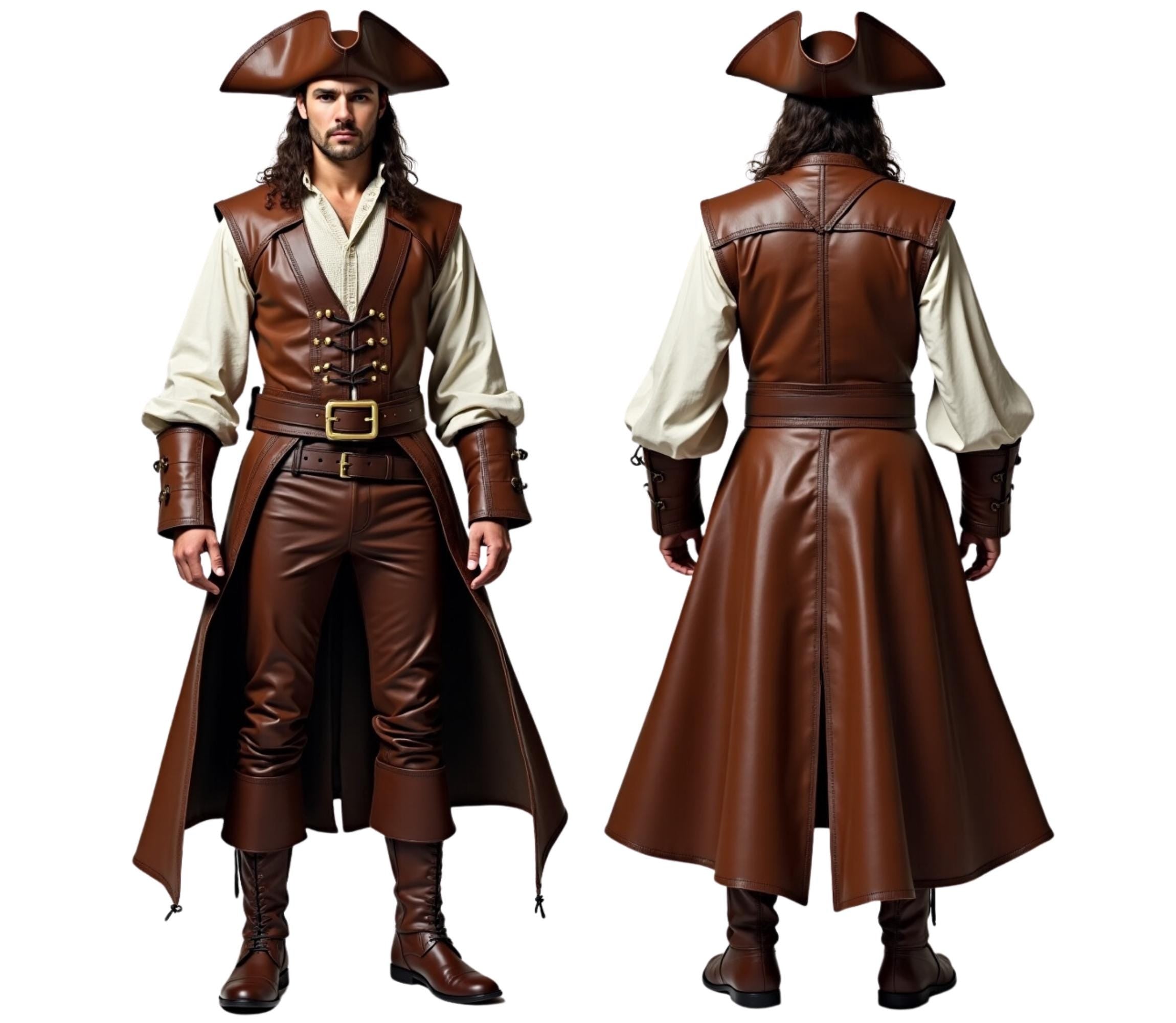 The Obsidian Mariner - Pure Brown Leather Pirate Cosplay Costume - Handmade Renaissance Fair Pirate Coat - Captain’s Vest Ren Faire Festival Outfit - Pirate Hat