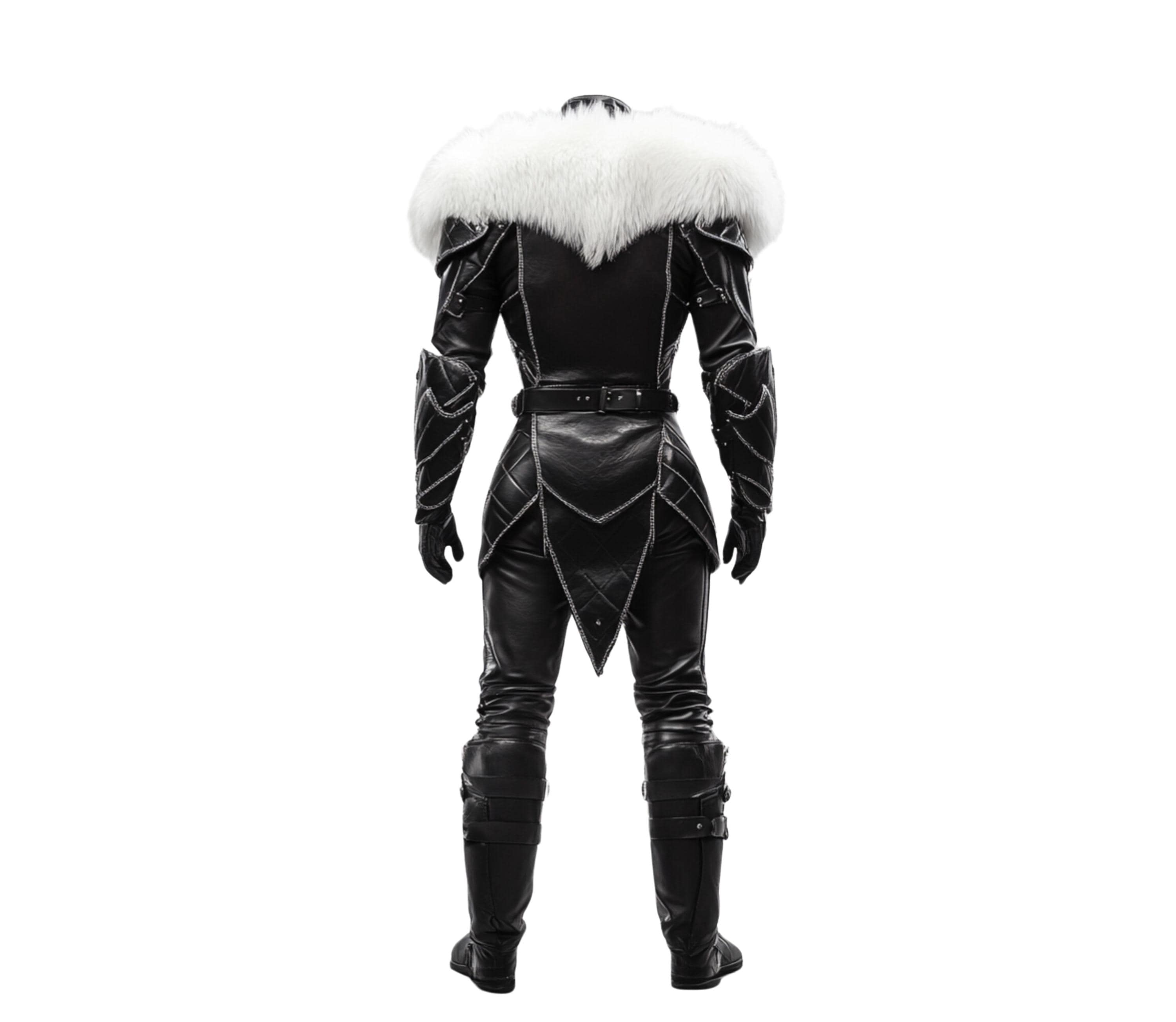 back view of leather knight armor in black leather with fur - Creed Leather