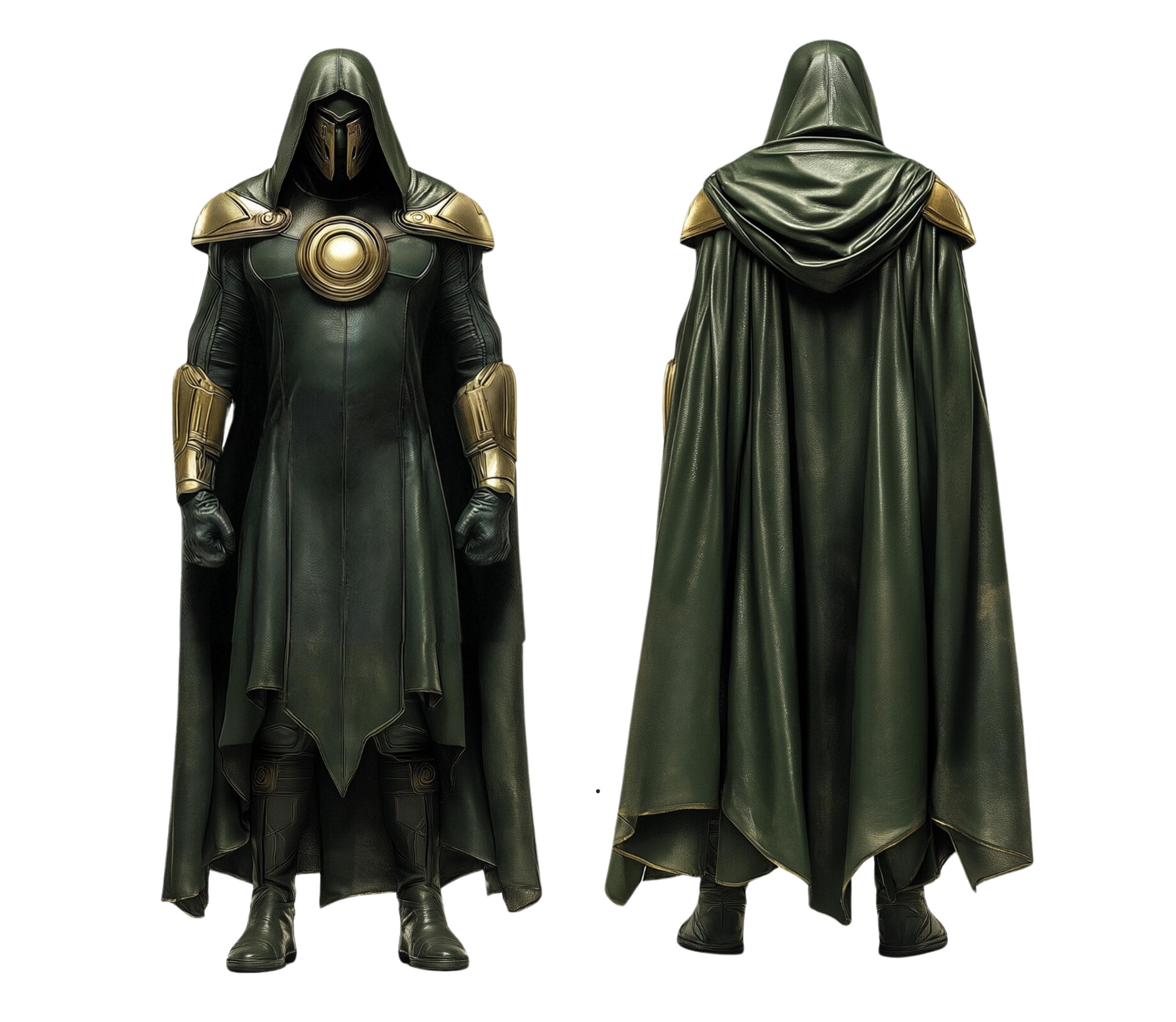 villain costume in green leather - dr doom costume for cosplay - doctor doom cosplay - superhero hooded cape - Creed Leather