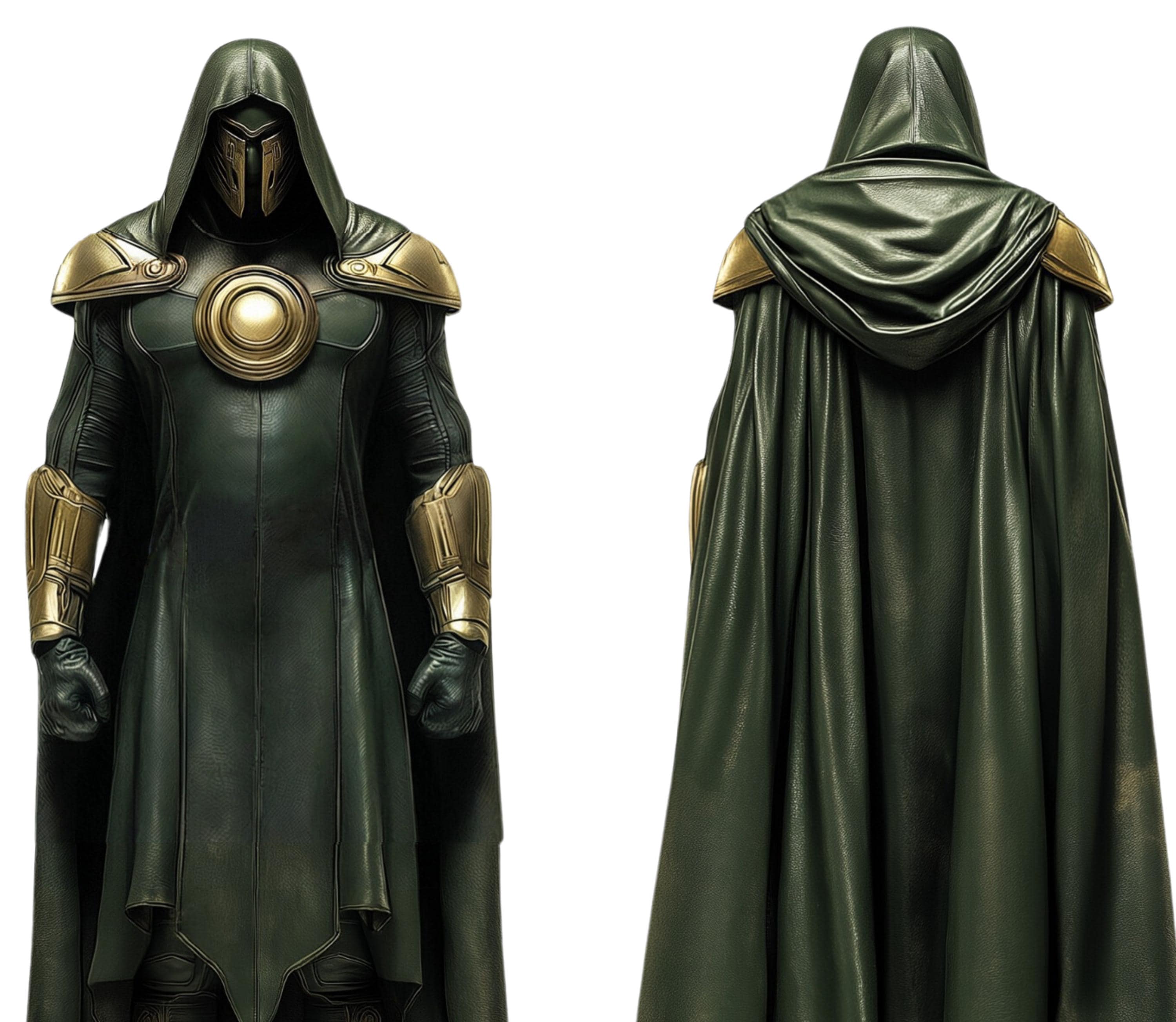 villain costume in green leather - dr doom costume for cosplay - doctor doom cosplay - superhero leather cape and hood - Creed Leather