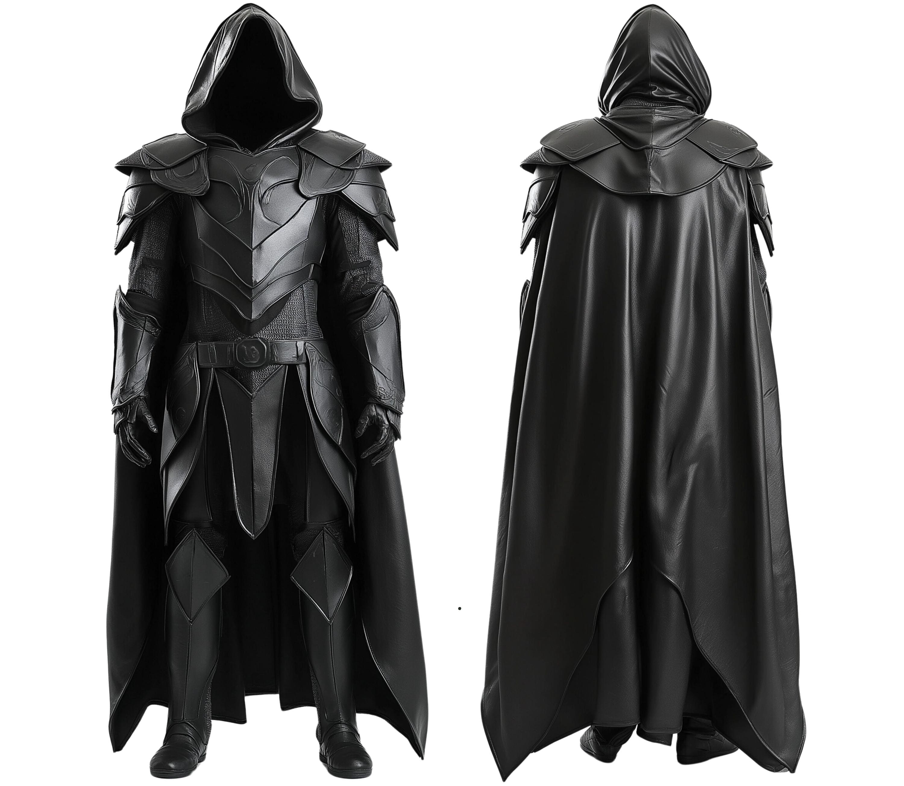 front and back view of medieval cosplay costume with hooded cloak and armor in black leather for viking - knight - rogue - warrior - assassin - larp - ren faire - halloween - theme party - theatre - fantasy fest - cosplay - Creed Leather